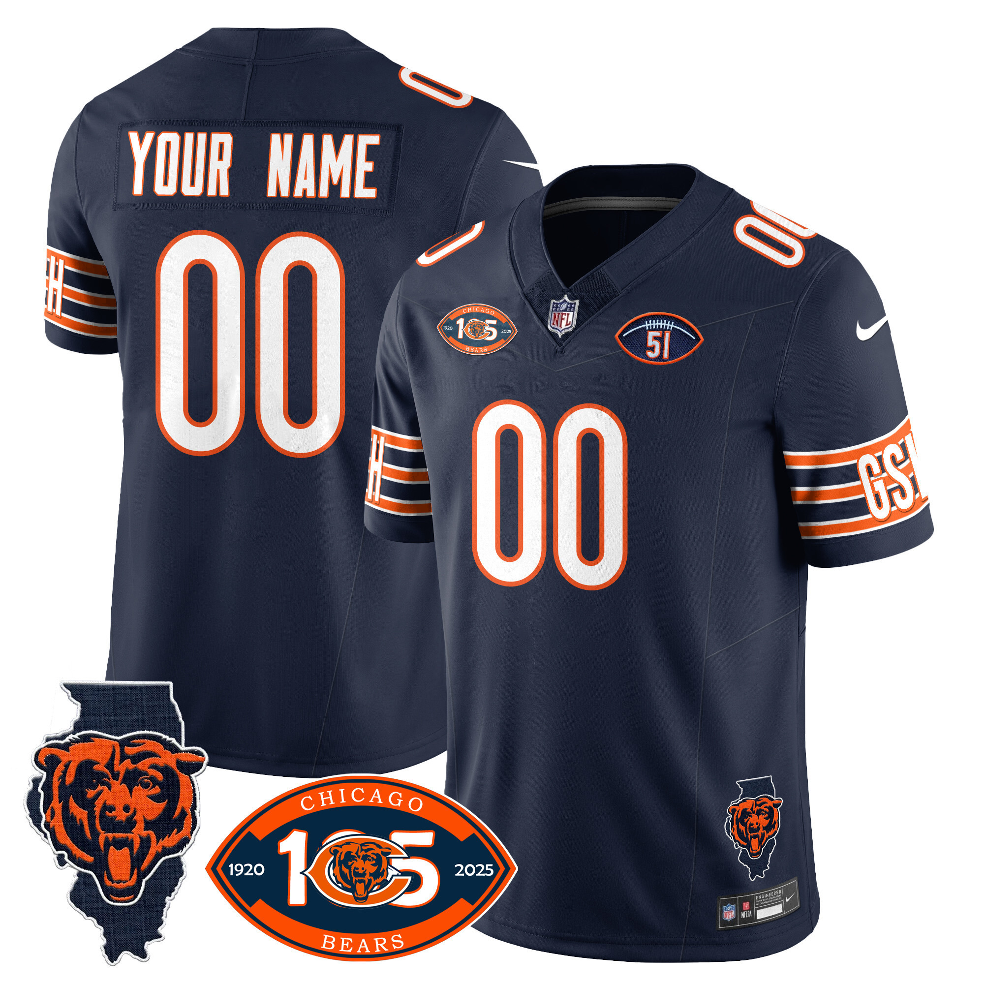Men's Chicago Bears 1920-2025 The Chicago Bears Vapor Limited Custom Navy Jersey - All Stitched