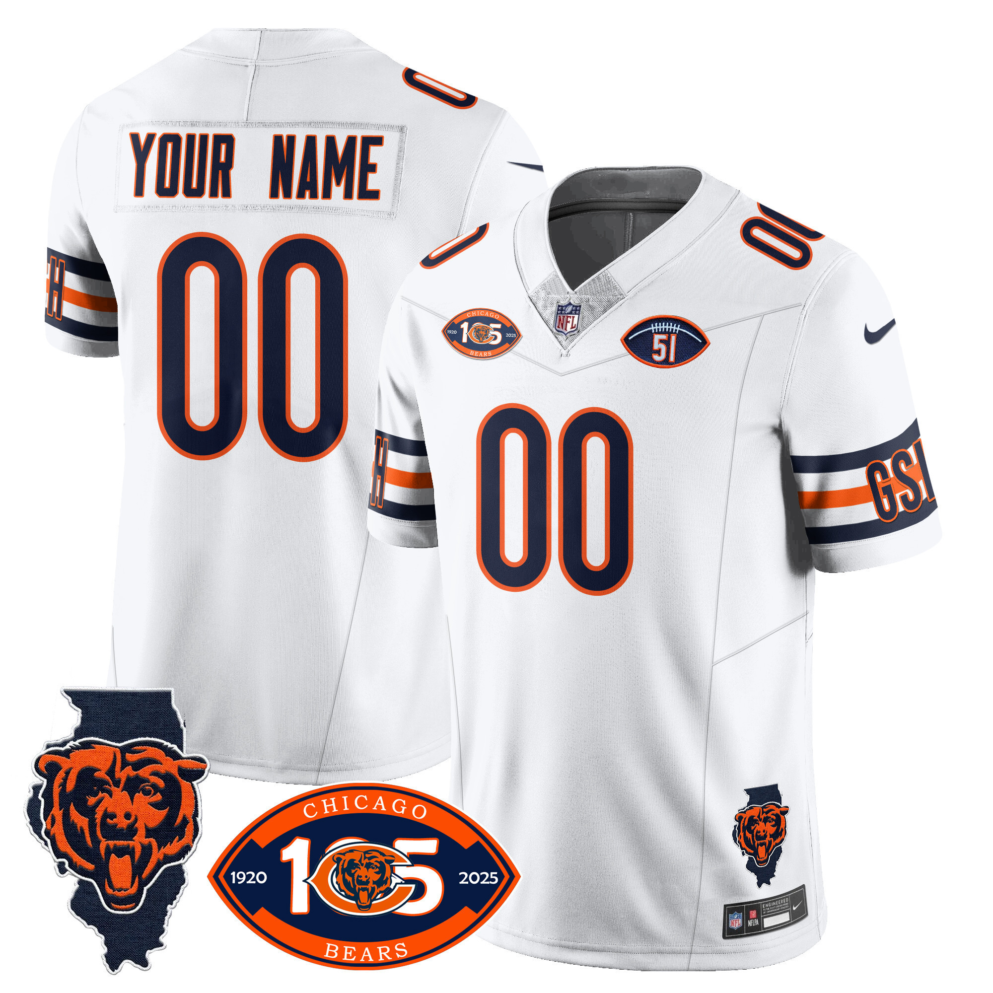 Men's Chicago Bears 1920-2025 The Chicago Bears Vapor Limited Custom White Jersey - All Stitched