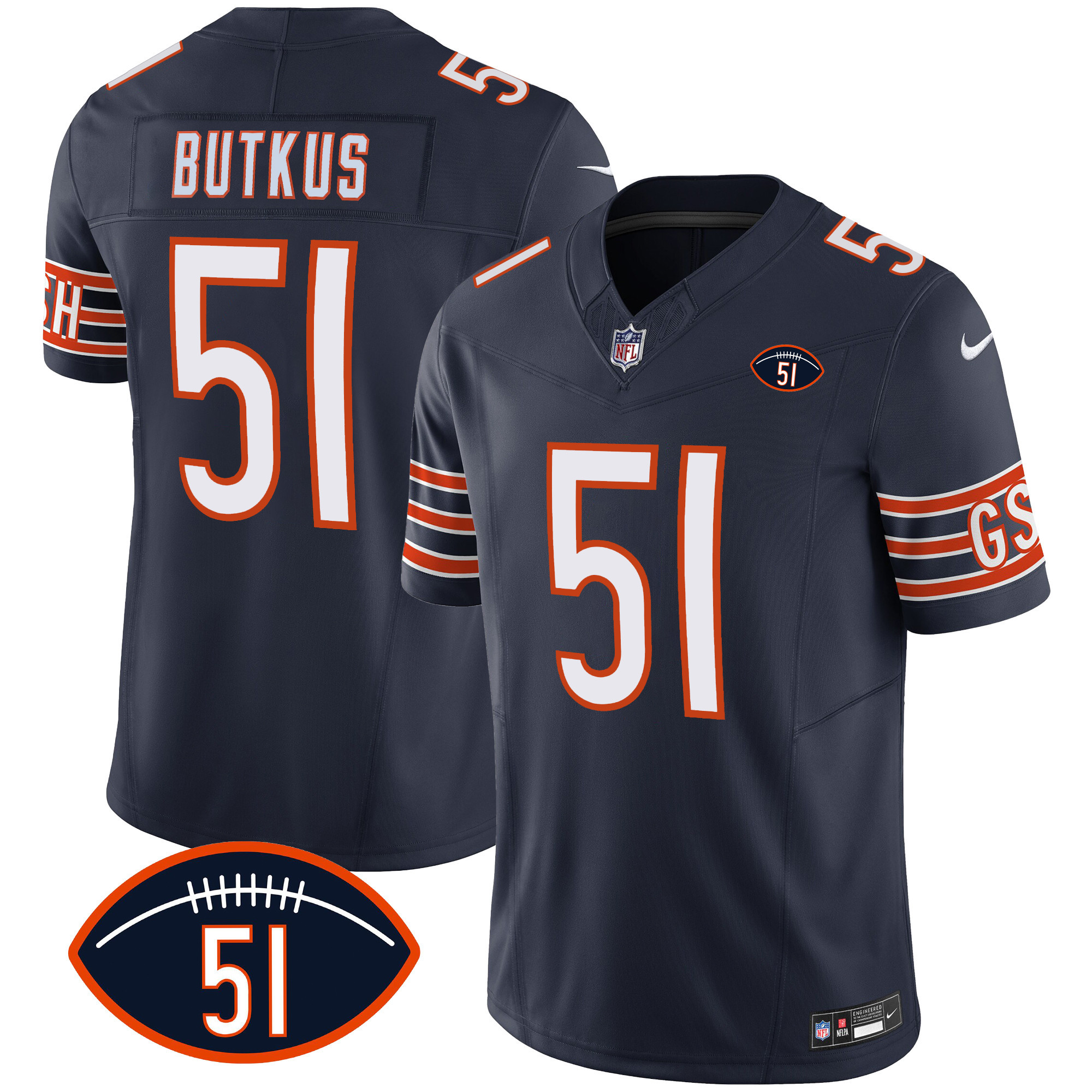 Men's Chicago Bears Dick Butkus Patch GSH Vapor Navy Jersey - All Stitched 