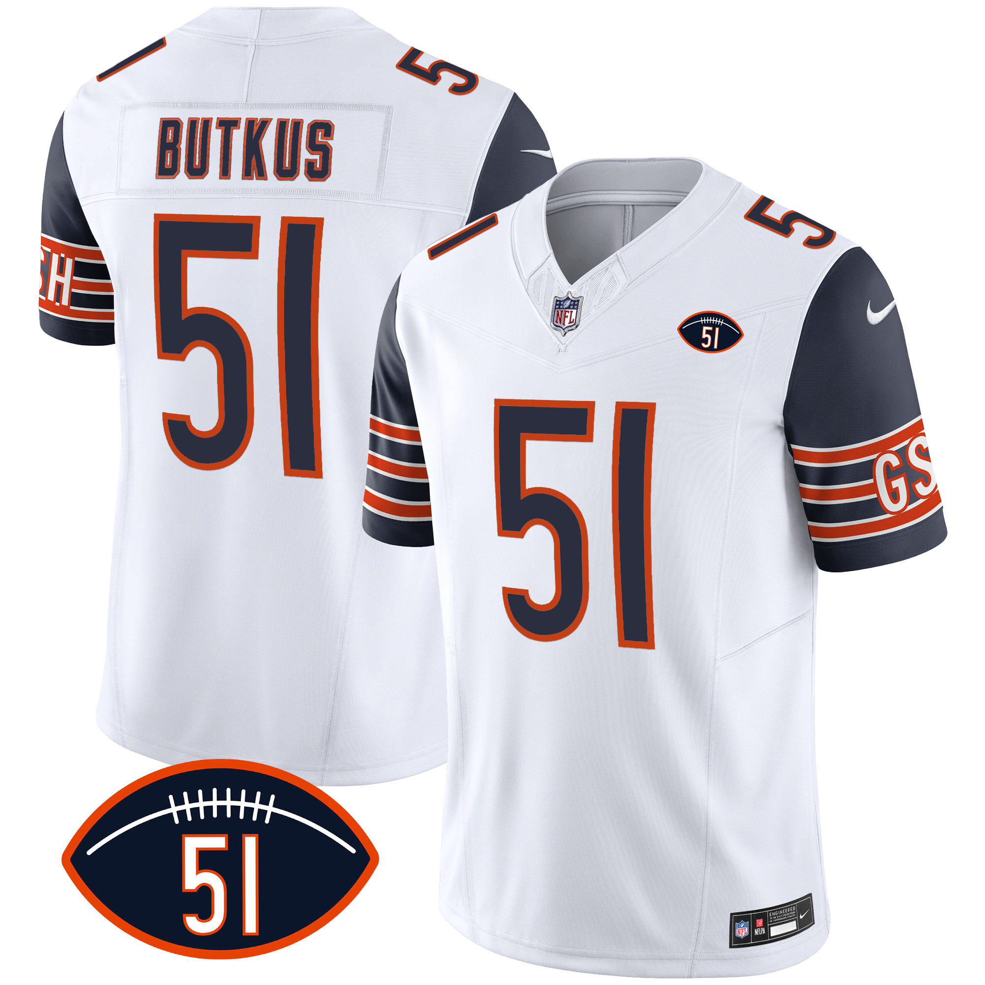 Men's Chicago Bears Dick Butkus Patch GSH Vapor Navy Sleeves Jersey - All Stitched 
