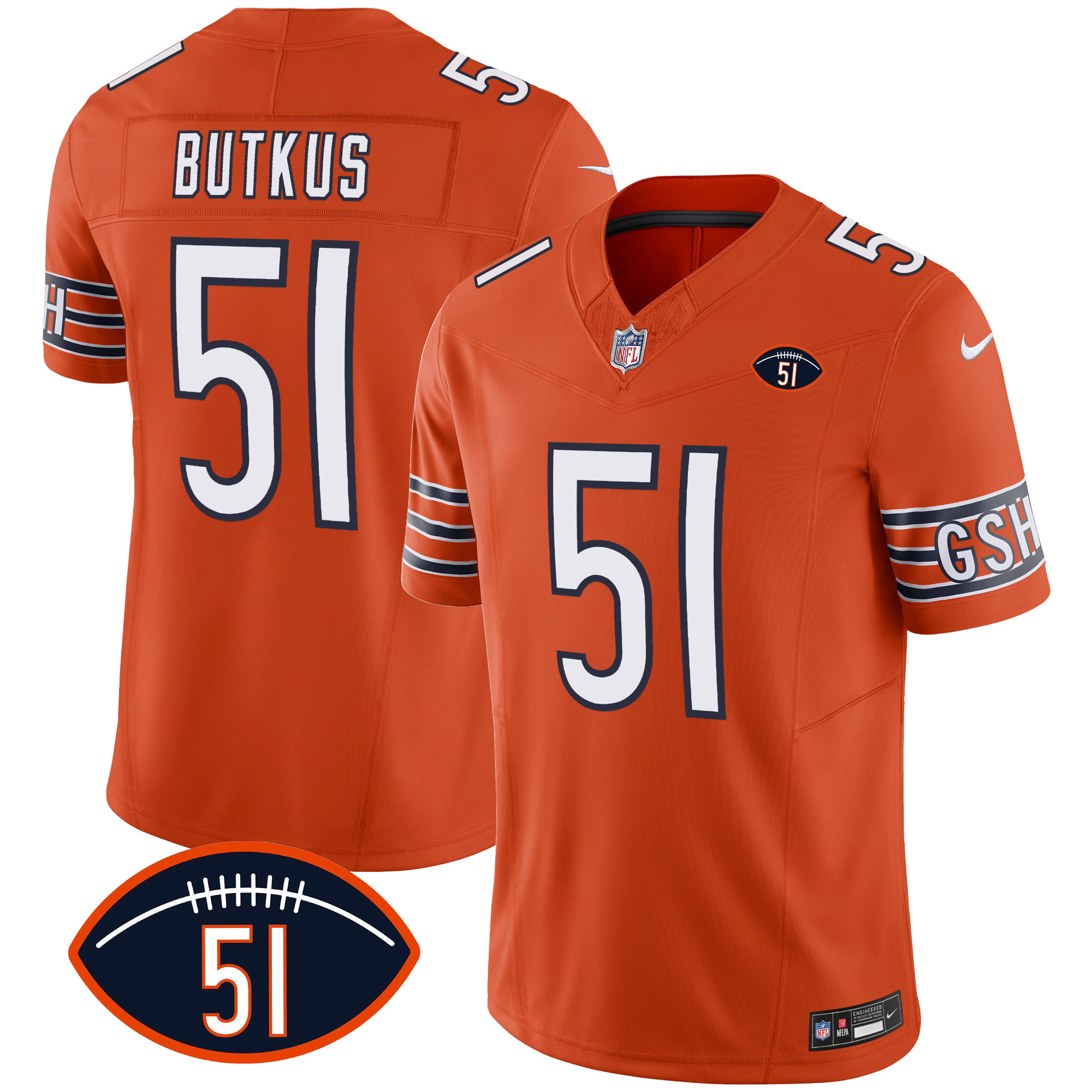 Men's Chicago Bears Dick Butkus Patch GSH Vapor Orange Jersey - All Stitched 