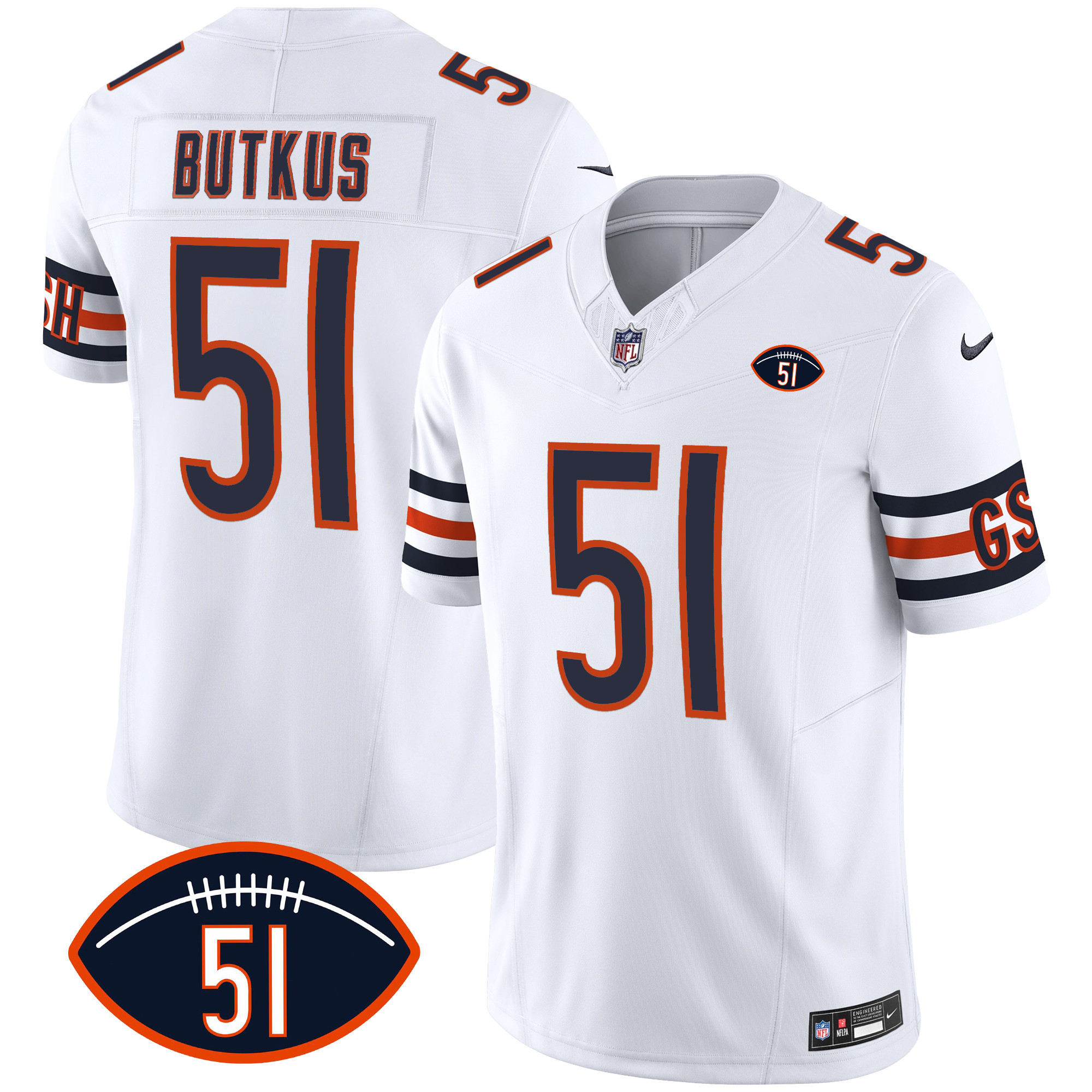 Men's Chicago Bears Dick Butkus Patch GSH Vapor White Jersey - All Stitched 