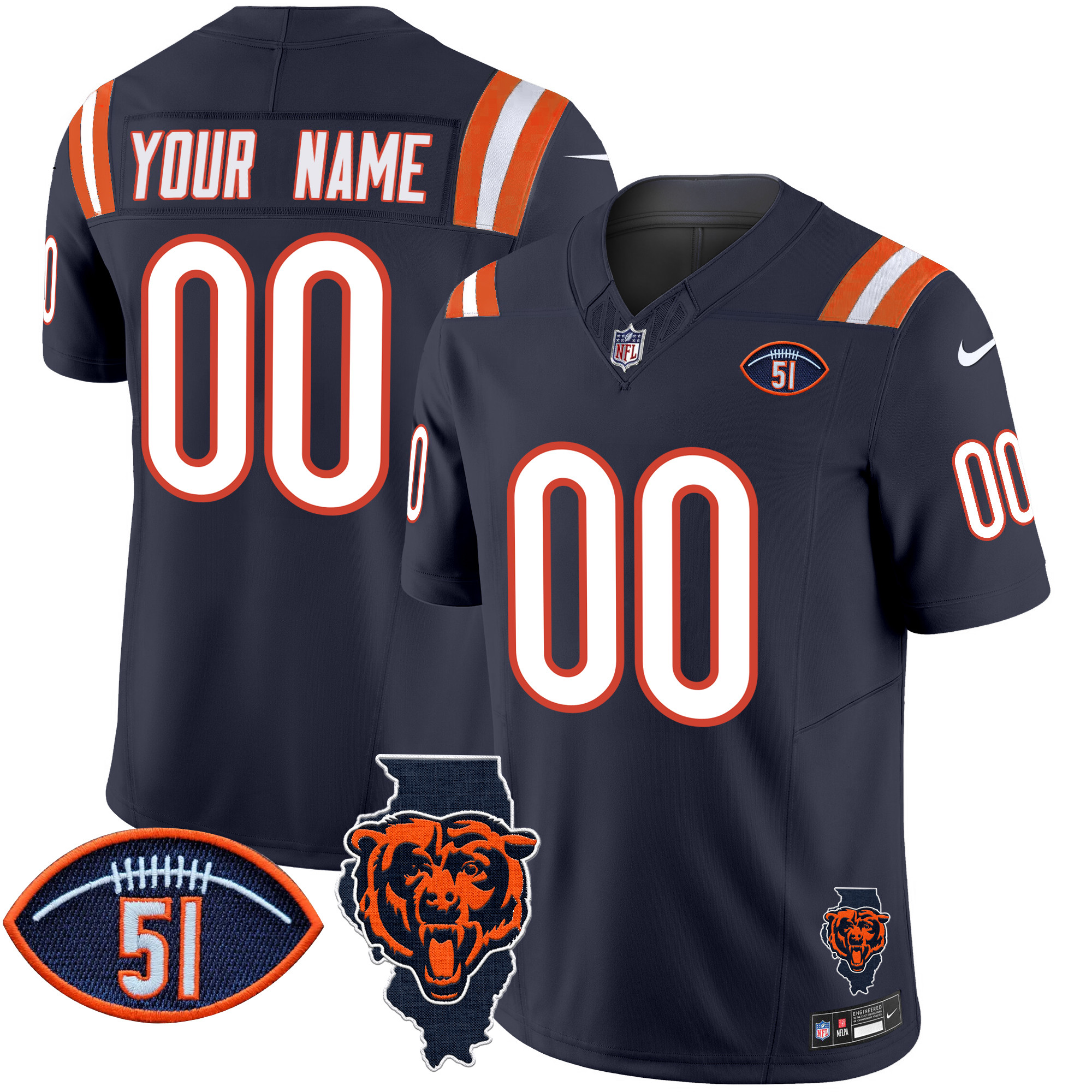 Men's Chicago Bears Illinois Patch Vapor Limited Custom Navy Jersey - All Stitched