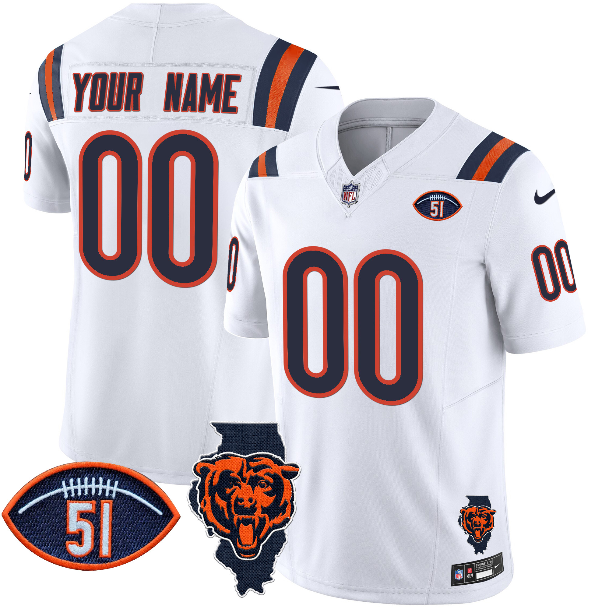 Men's Chicago Bears Illinois Patch Vapor Limited Custom White Jersey - All Stitched