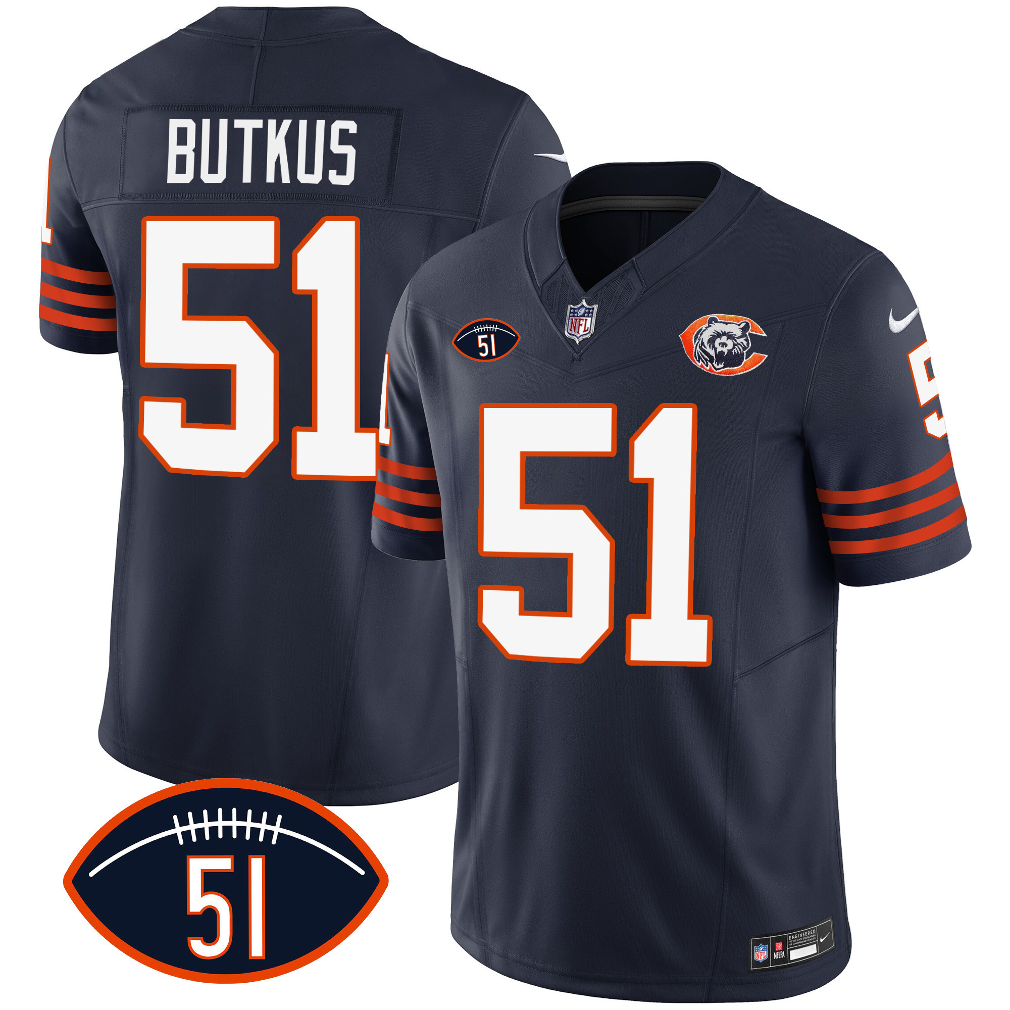 Men's Chicago Bears Throwback Dick Butkus Patch Navy Jersey - All Stitched 
