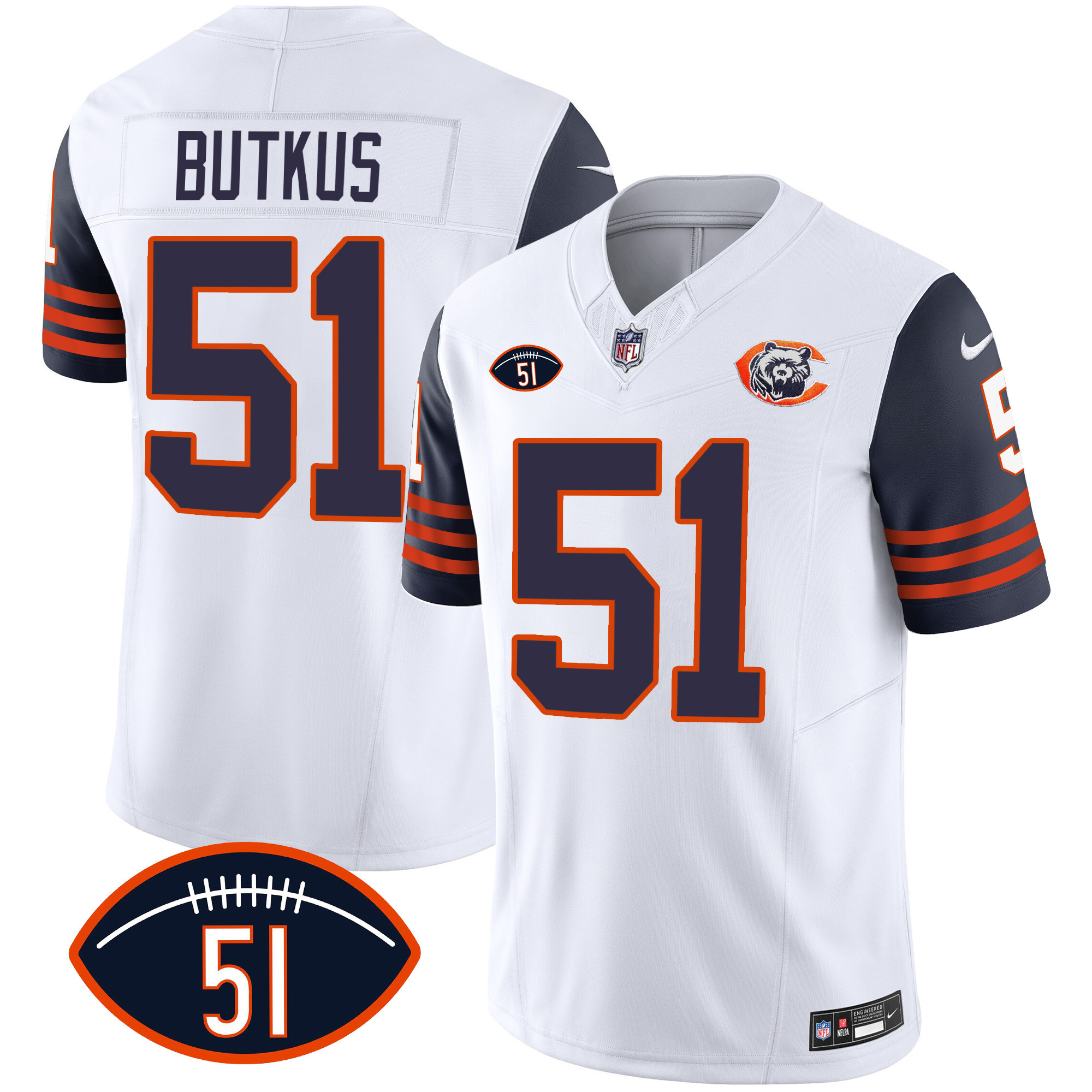 Men's Chicago Bears Throwback Dick Butkus Patch Navy Sleeves Jersey - All Stitched 
