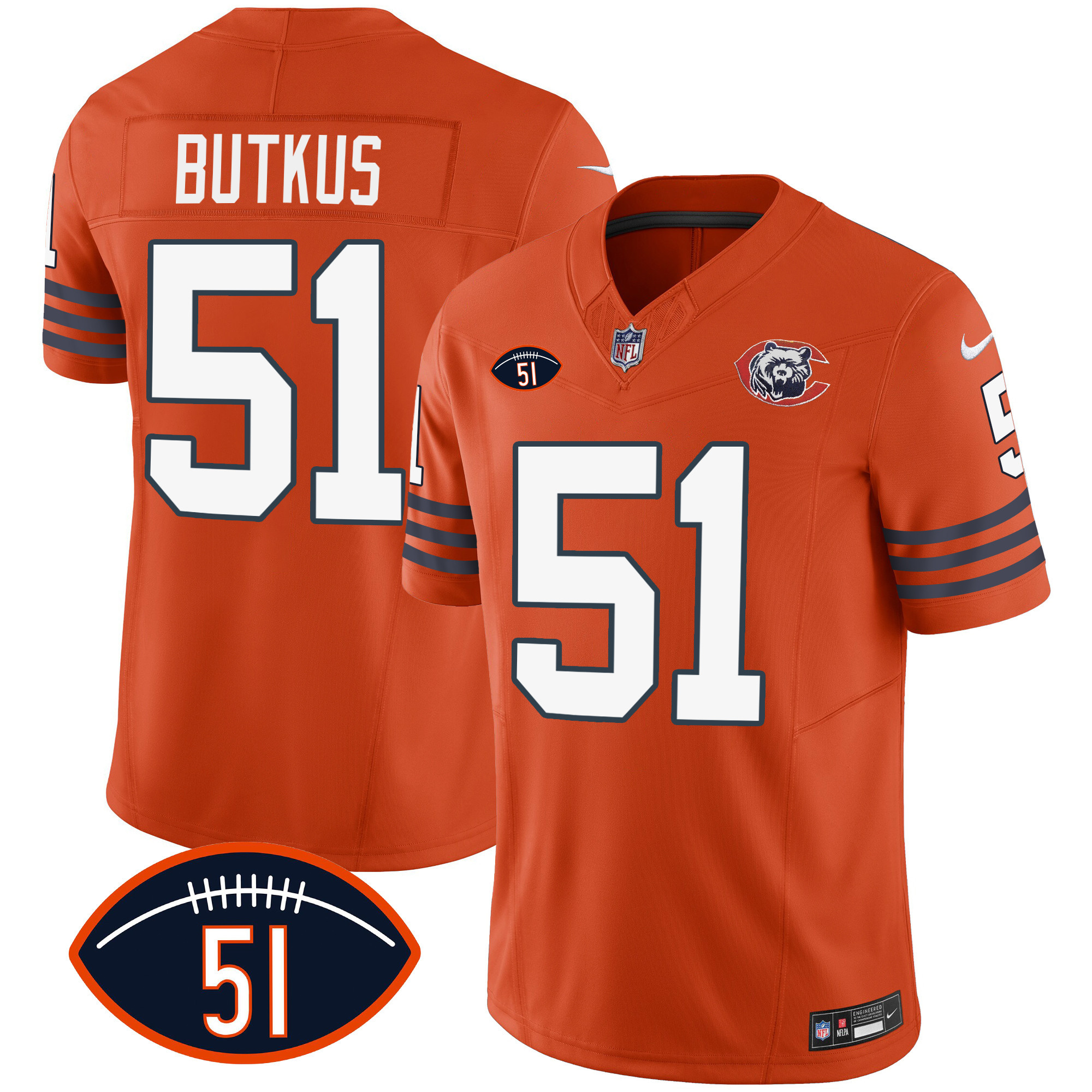 Men's Chicago Bears Throwback Dick Butkus Patch Orange Jersey - All Stitched 