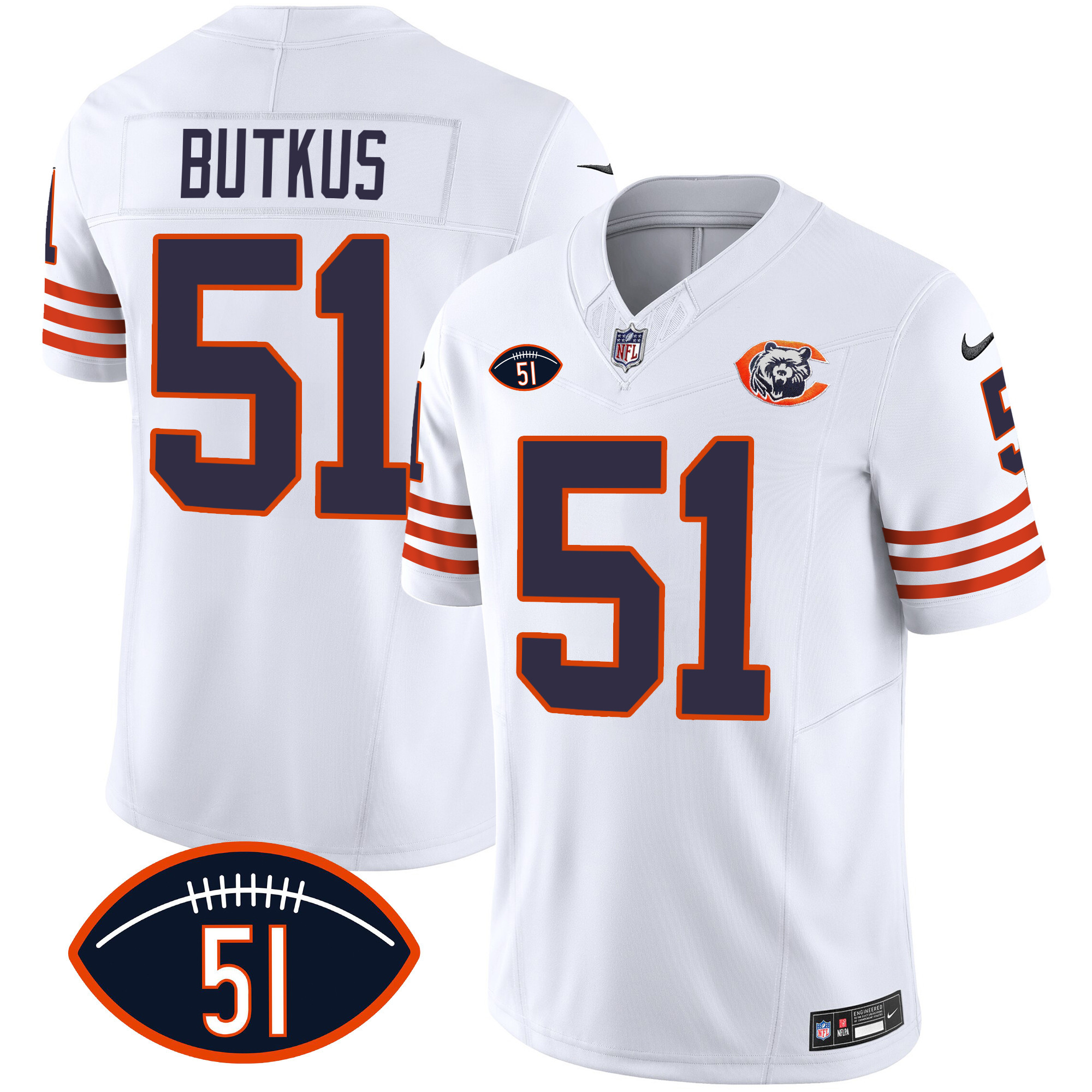 Men's Chicago Bears Throwback Dick Butkus Patch White Jersey - All Stitched 