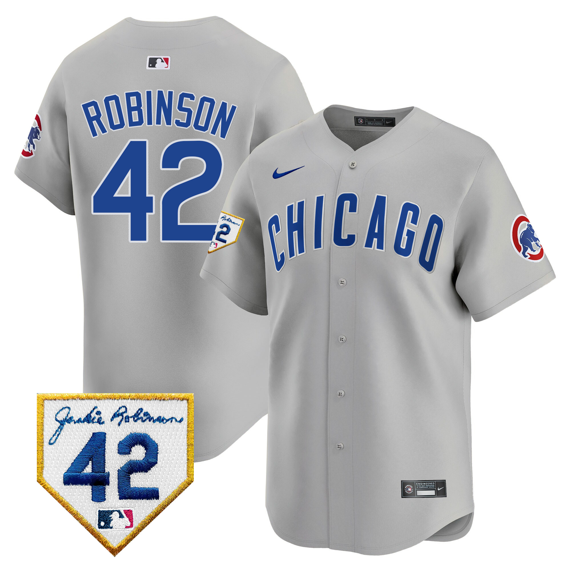 Men's Chicago Cubs 2024 Jackie Robinson Patch Vapor Premier Limited V2 Gray Road Jersey - All Stitched