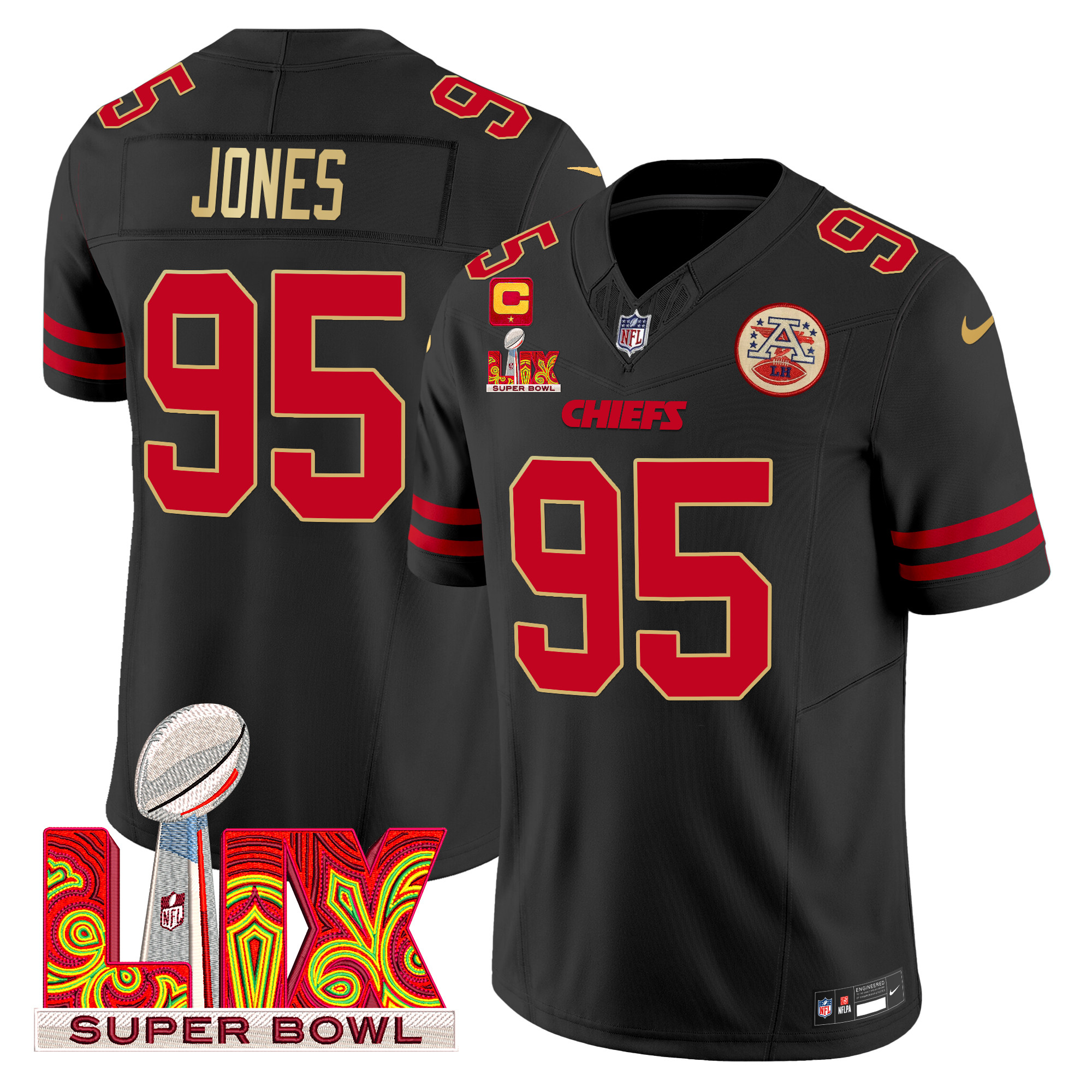Men's Chris Jones Kansas City Chiefs Super Bowl LIX Patch Gold Trim Vapor Limited Black Jersey - All Stitched