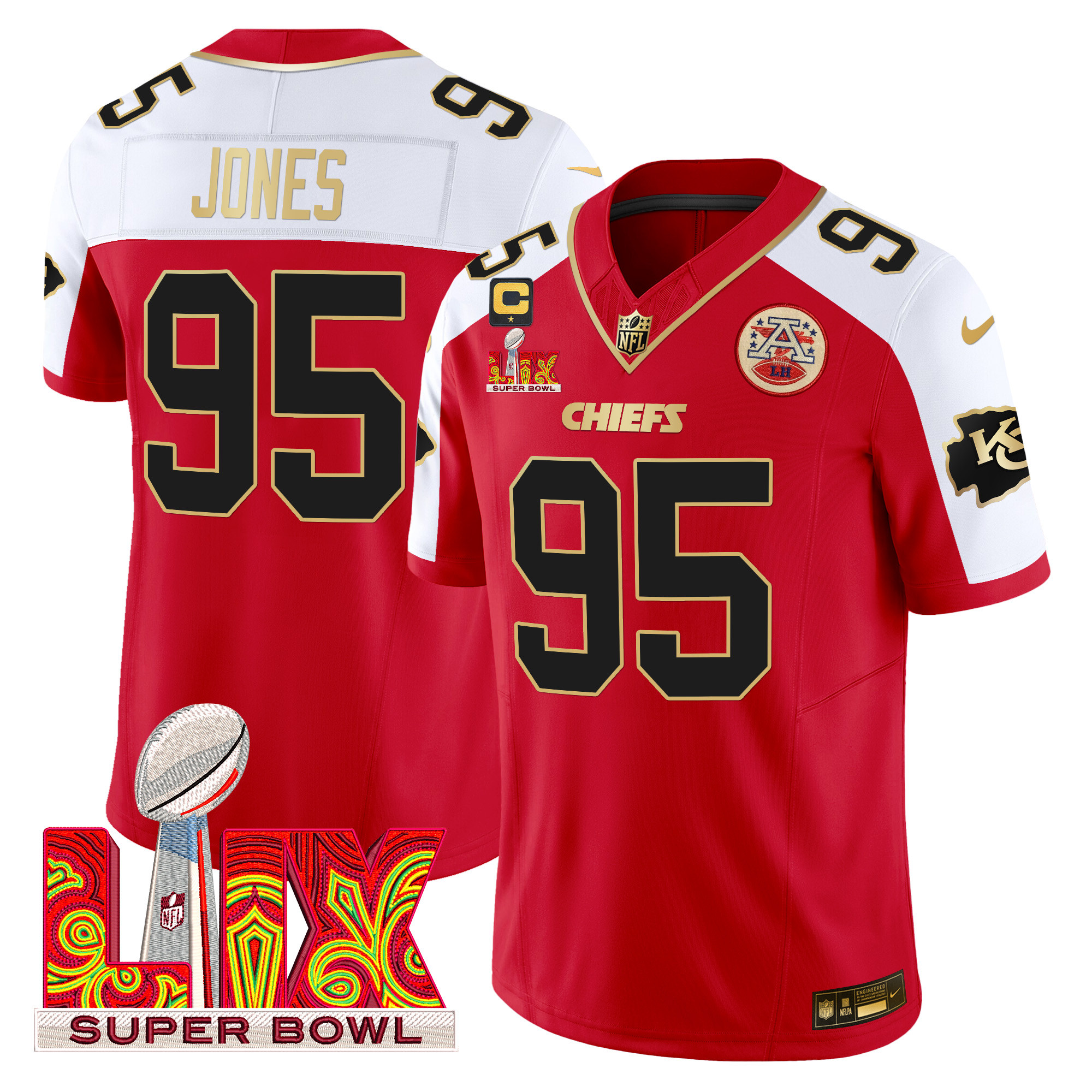 Men's Chris Jones Kansas City Chiefs Super Bowl LIX Patch Gold Trim Vapor Limited Red Alternate Jersey - All Stitched