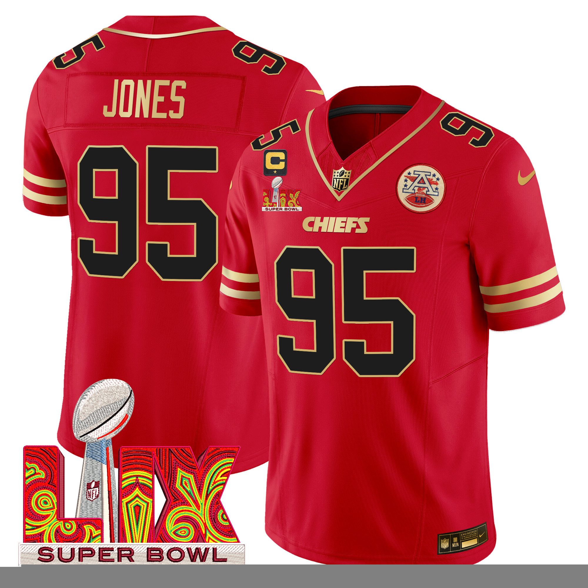 Men's Chris Jones Kansas City Chiefs Super Bowl LIX Patch Gold Trim Vapor Limited Red Jersey - All Stitched