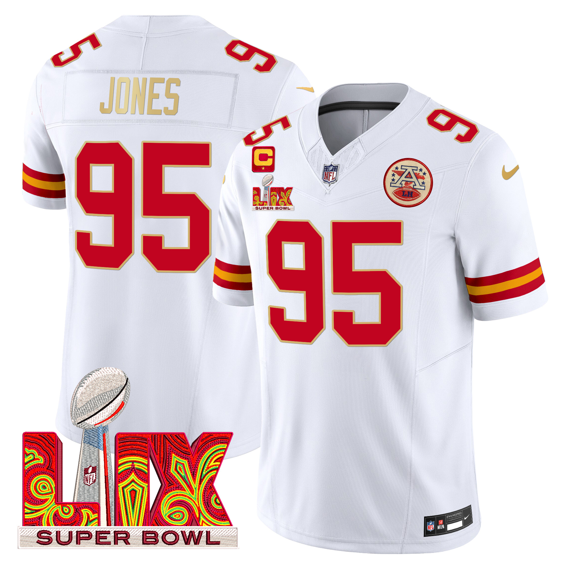 Men's Chris Jones Kansas City Chiefs Super Bowl LIX Patch Gold Trim Vapor Limited White Jersey - All Stitched
