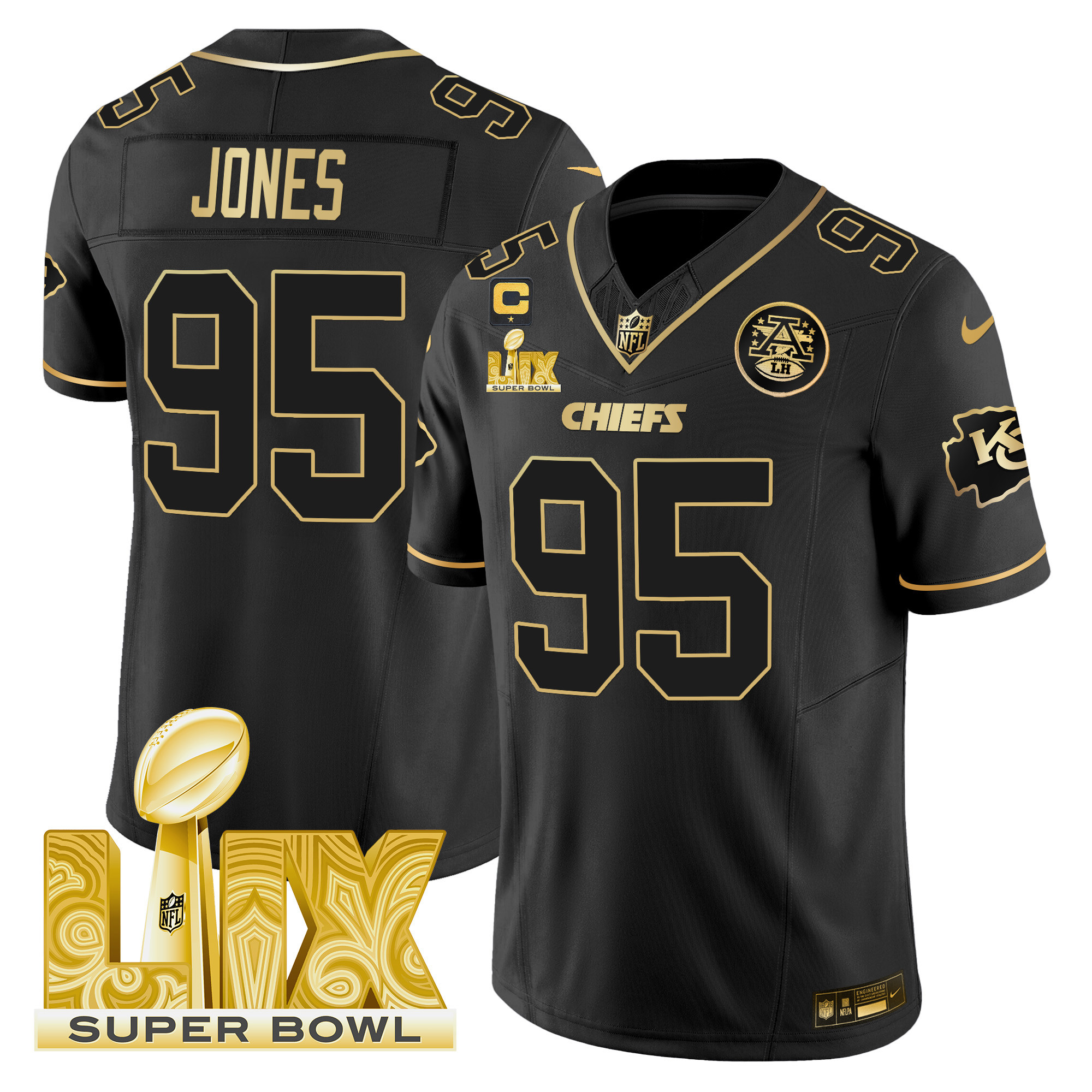 Men's Chris Jones Kansas City Chiefs Super Bowl LIX Patch Gold Vapor Limited Black Gold Jersey - All Stitched
