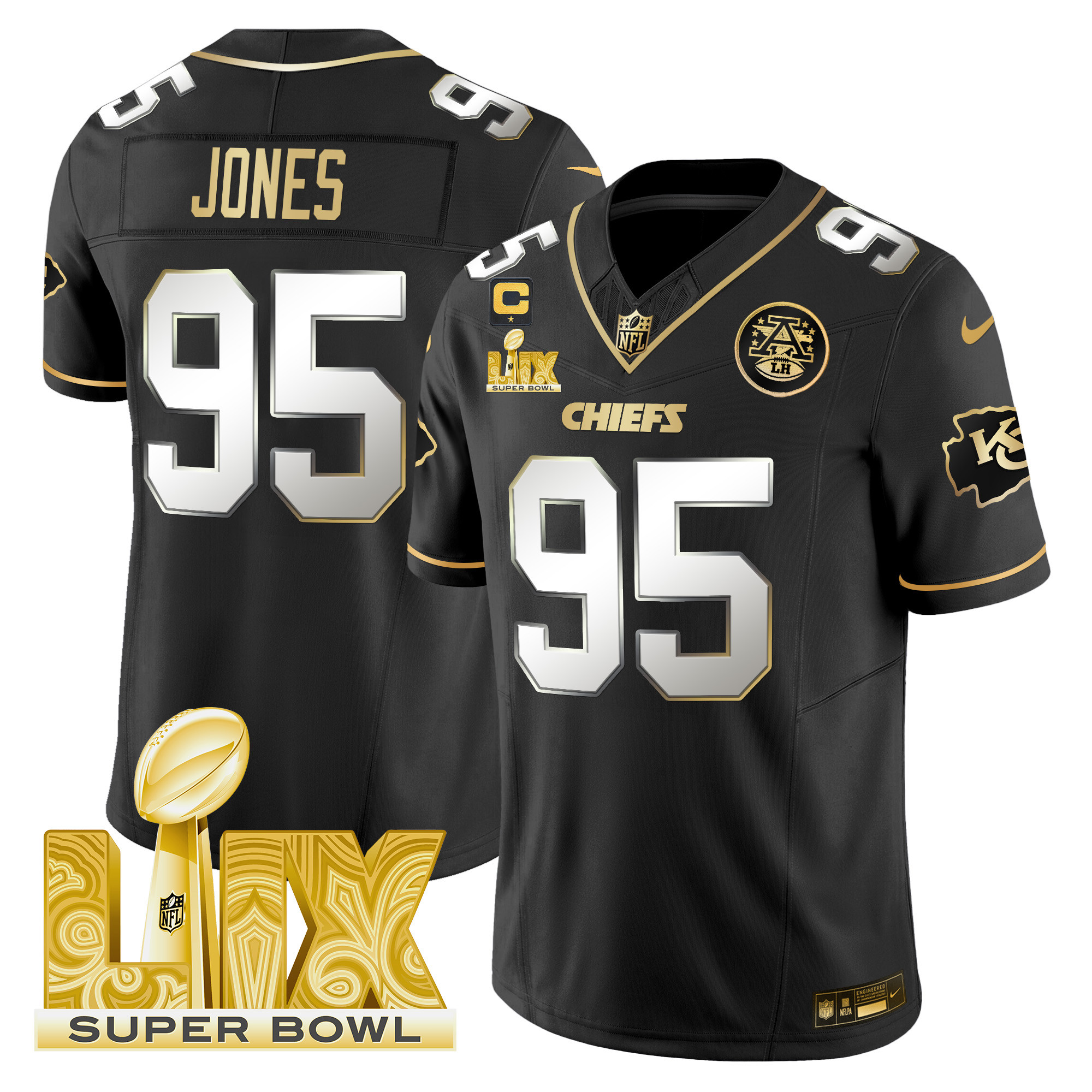 Men's Chris Jones Kansas City Chiefs Super Bowl LIX Patch Gold Vapor Limited Black Limited Jersey - All Stitched