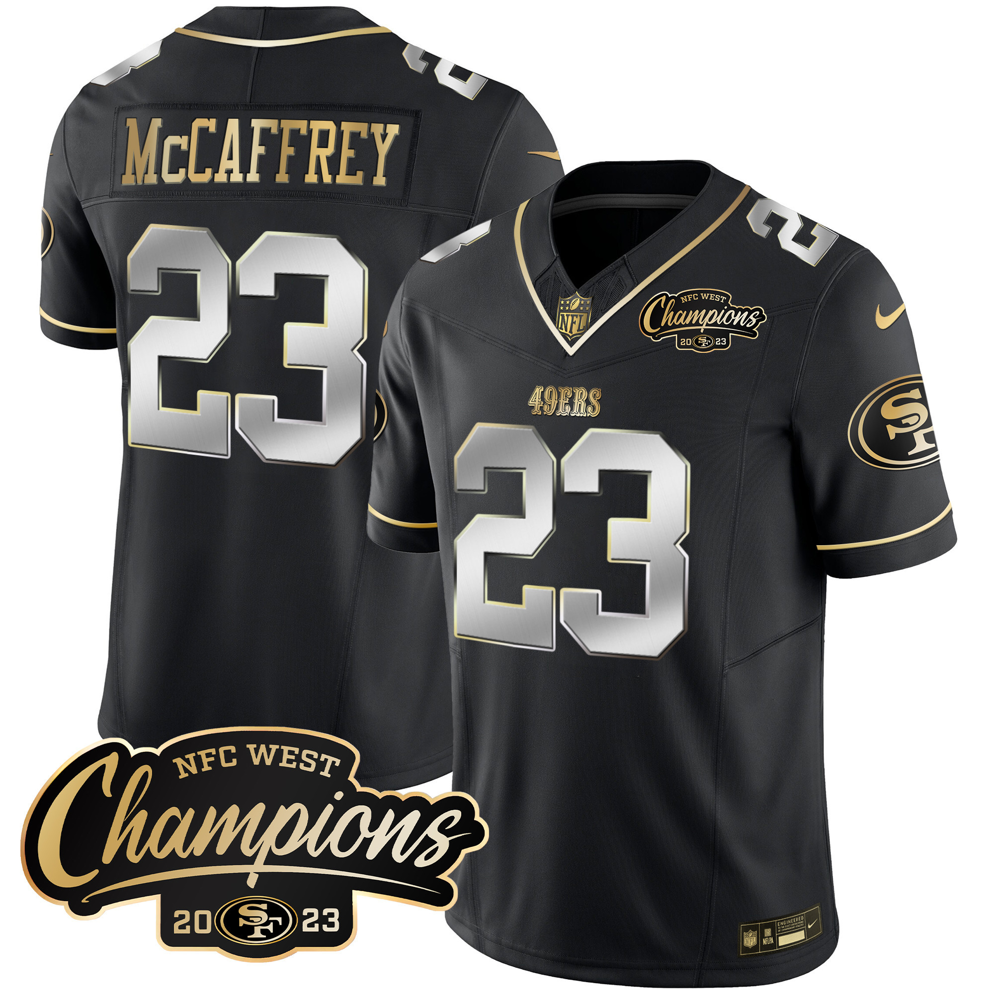 Men's Christian McCaffrey San Francisco 49ers 2023 NFC West Champions Patch Vapor Black Limited Jersey - All Stitched