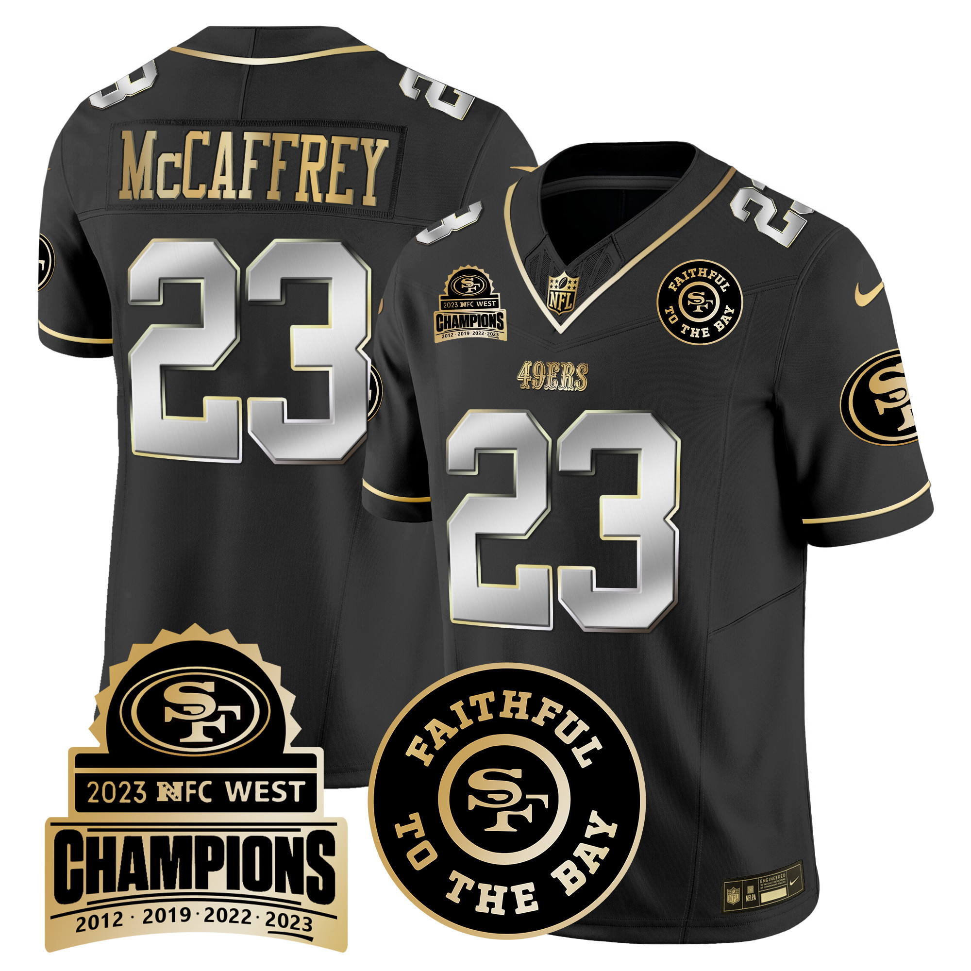 Men's Christian McCaffrey San Francisco 49ers 2023 NFC West Champions Patch Vapor Black Limited Jersey V3 - All Stitched