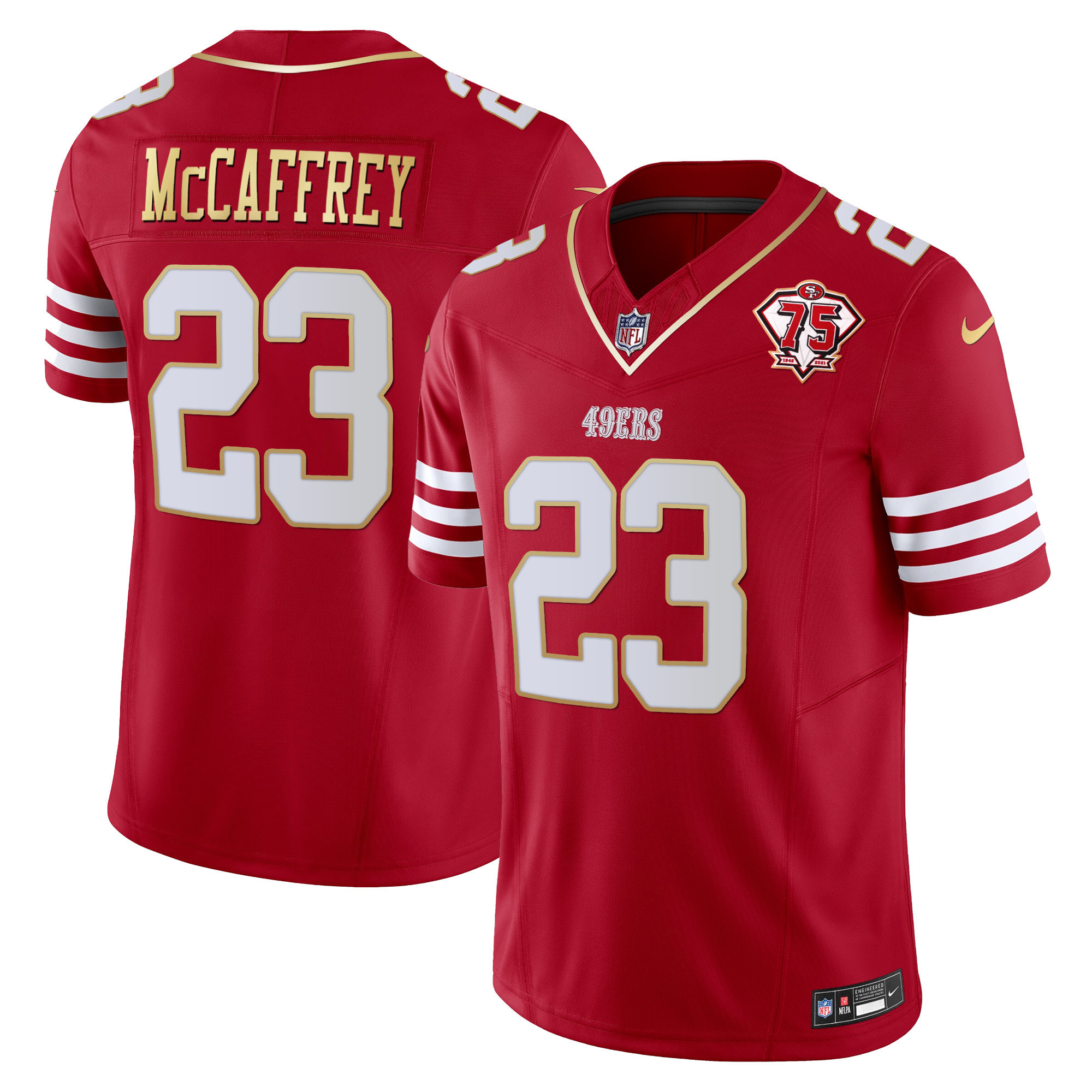 Men's Christian McCaffrey San Francisco 49ers 2023 Vapor Gold Trim Limited Scarlet Gold Jersey - All Stitched