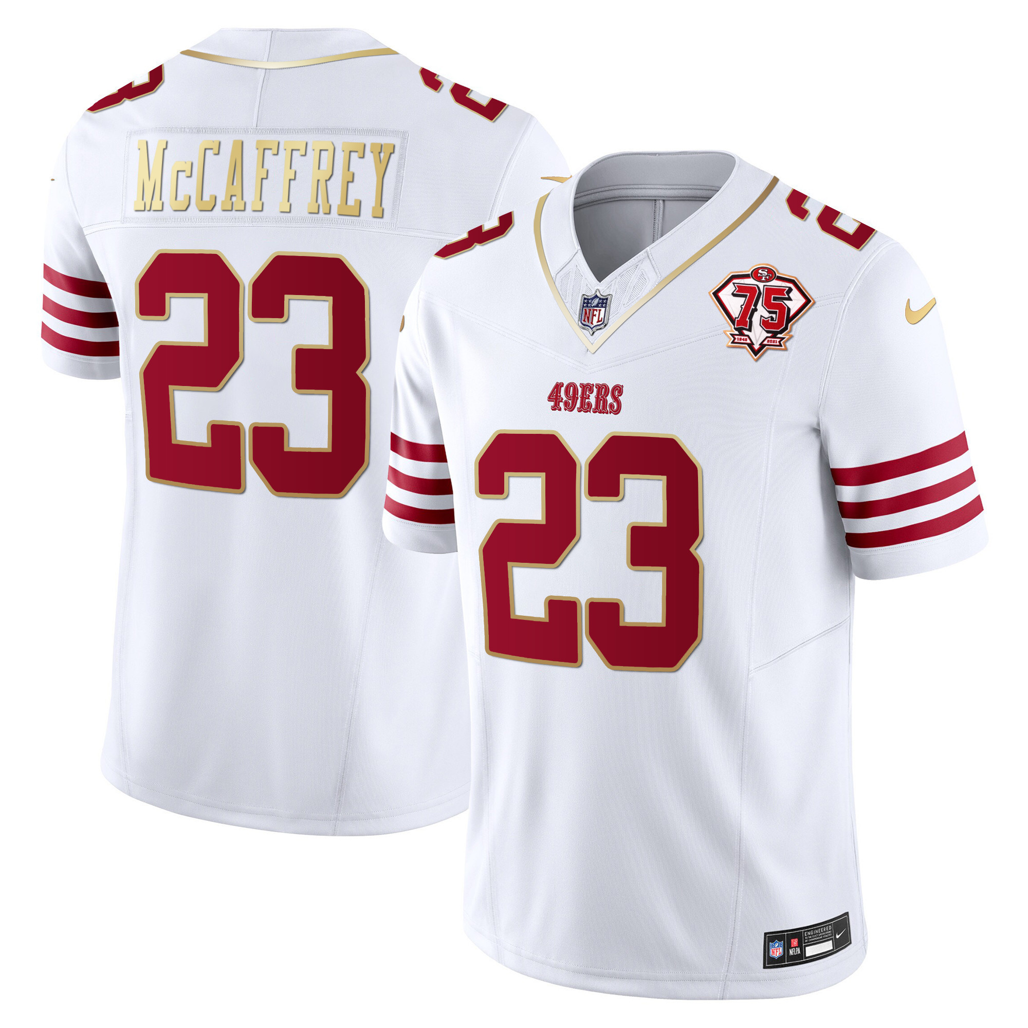 Men's Christian McCaffrey San Francisco 49ers 2023 Vapor Gold Trim Limited White Gold Jersey - All Stitched