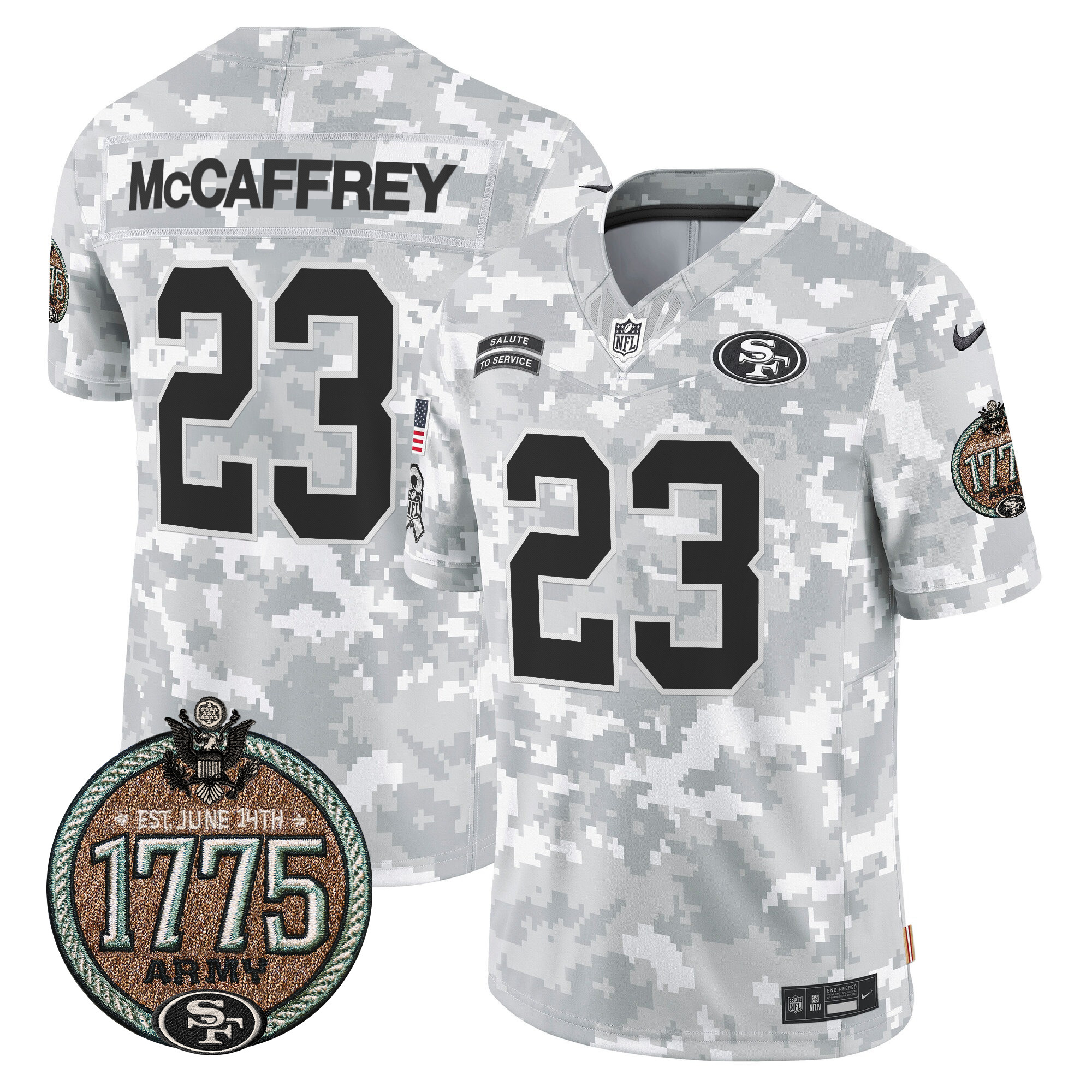 Men's Christian McCaffrey San Francisco 49ers 2024 Salute to Service Establishment Year Patch Vapor Limited Army Jersey - All Stitched