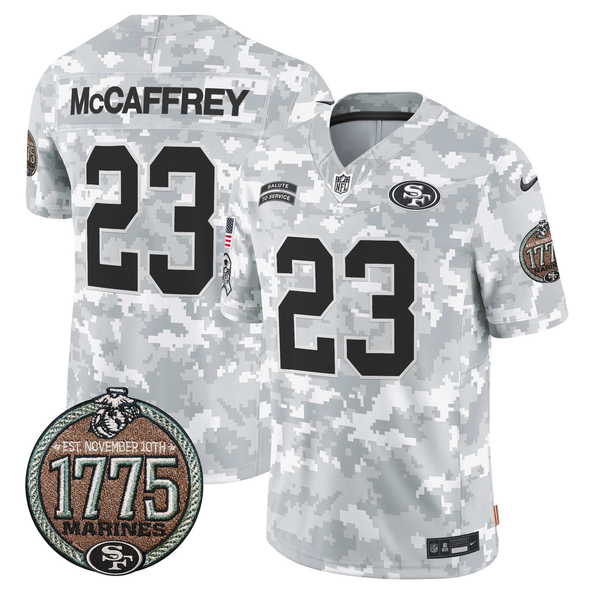 Men's Christian McCaffrey San Francisco 49ers 2024 Salute to Service Establishment Year Patch Vapor Limited Marines Jersey - All Stitched