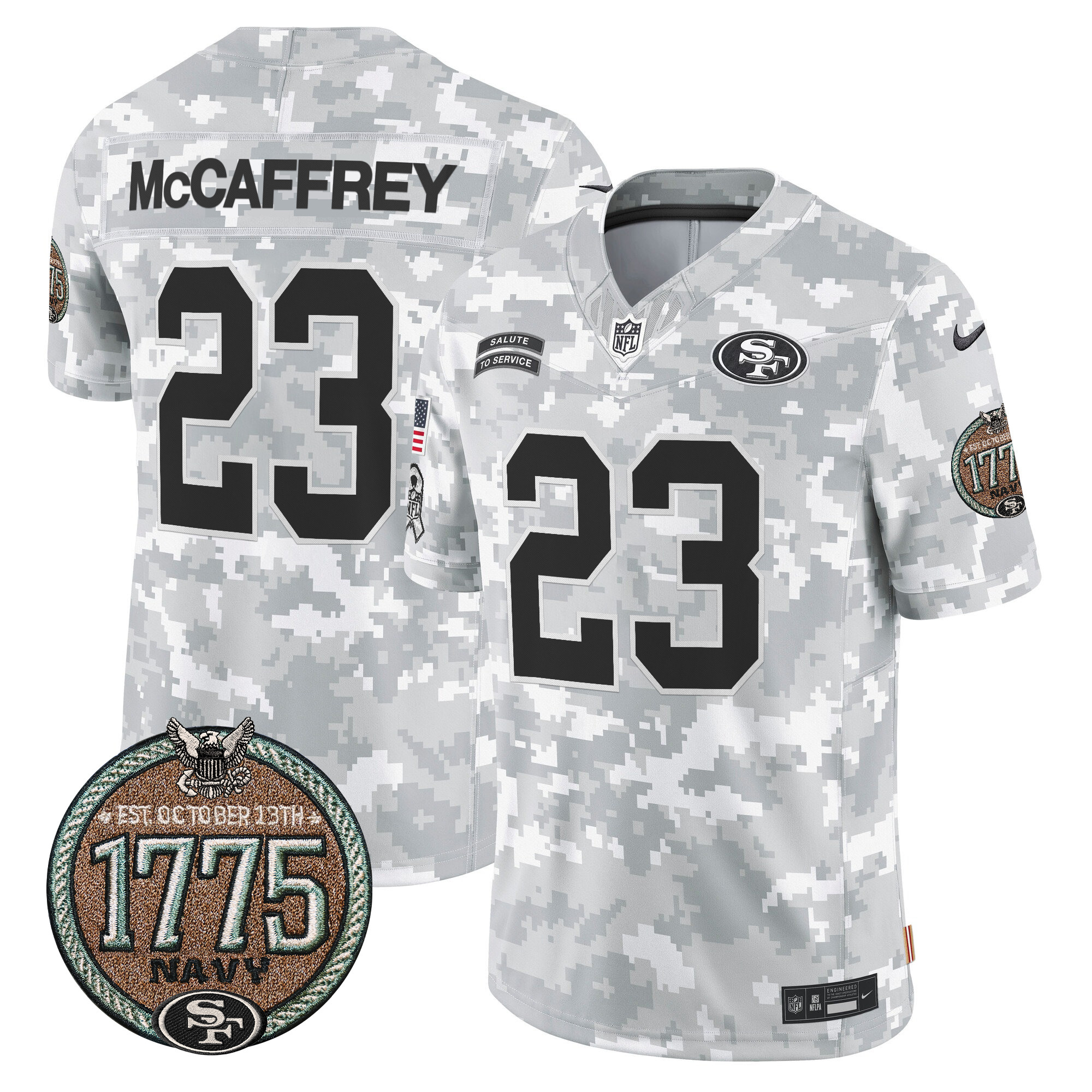 Men's Christian McCaffrey San Francisco 49ers 2024 Salute to Service Establishment Year Patch Vapor Limited Navy Jersey - All Stitched