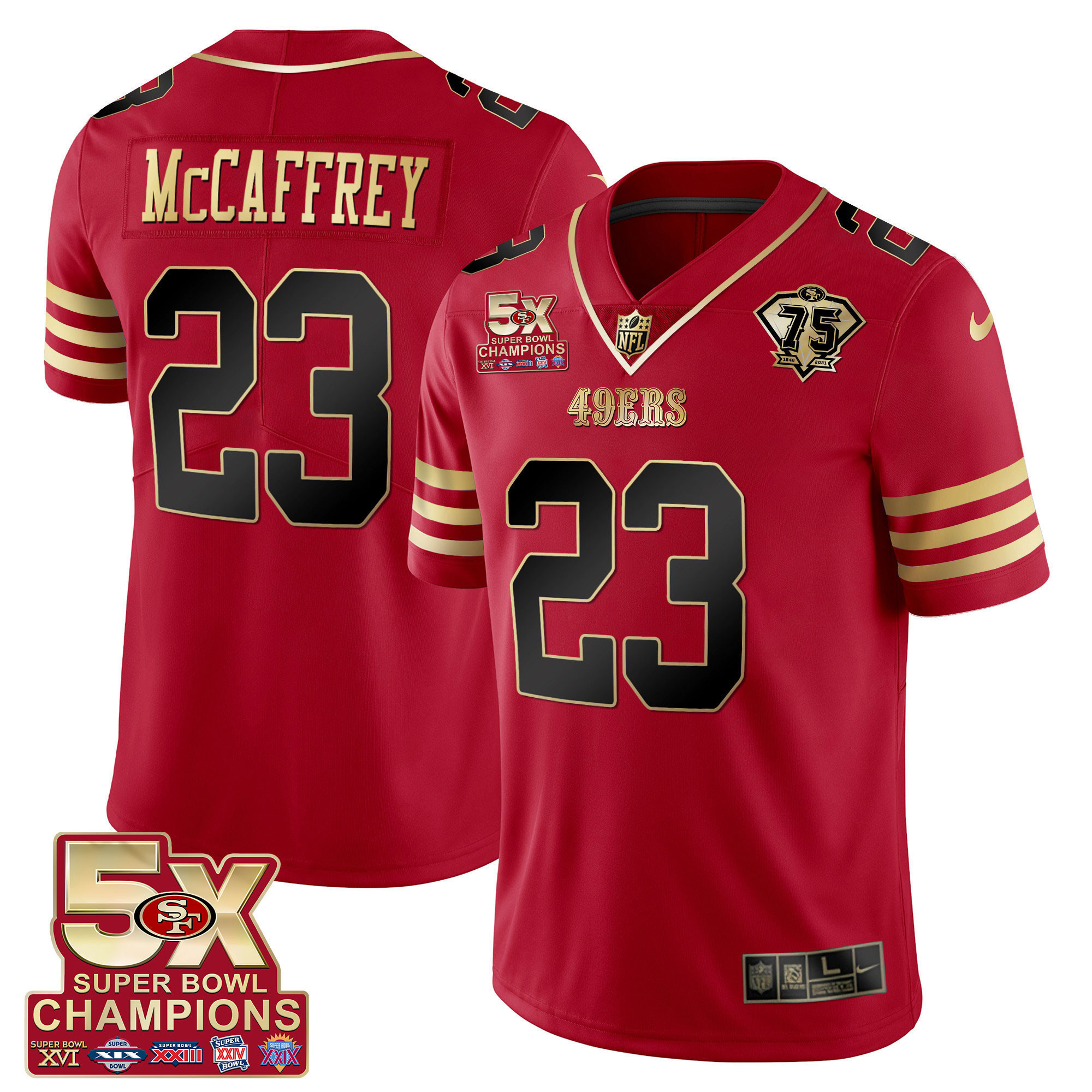 Men's Christian McCaffrey San Francisco 49ers 5x Super Bowl Patch Black Red Vapor Black Red Jersey - Stitched