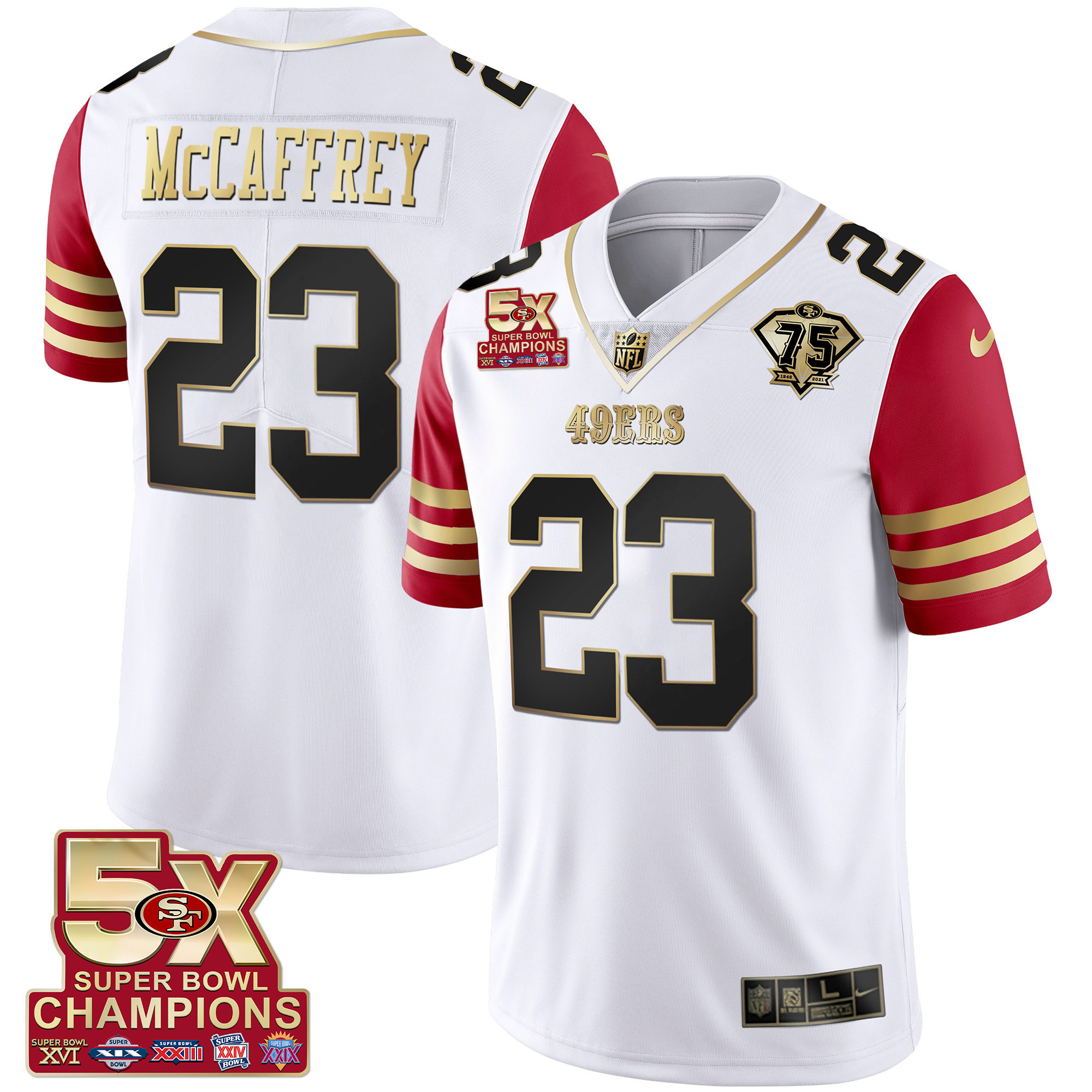 Men's Christian McCaffrey San Francisco 49ers 5x Super Bowl Patch Black Red Vapor Red Sleeve Jersey - Stitched