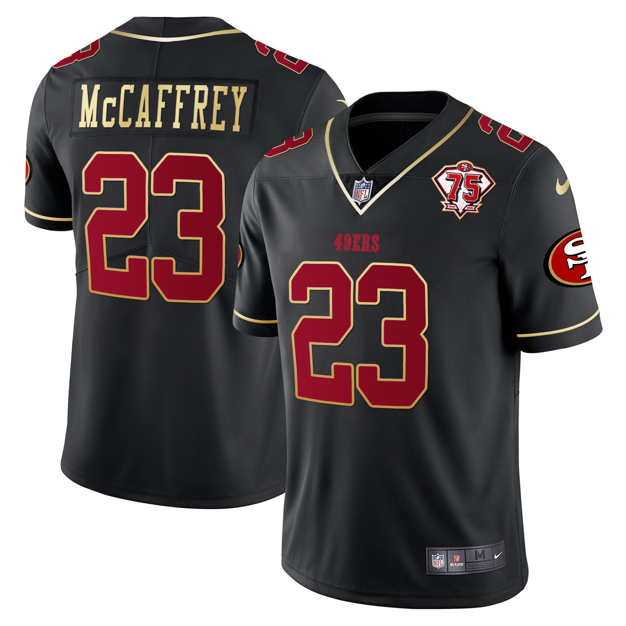 Men's Christian McCaffrey San Francisco 49ers 75th Anniversary Patch Vapor Gold Trim Black Gold Jersey V2 - All Stitched