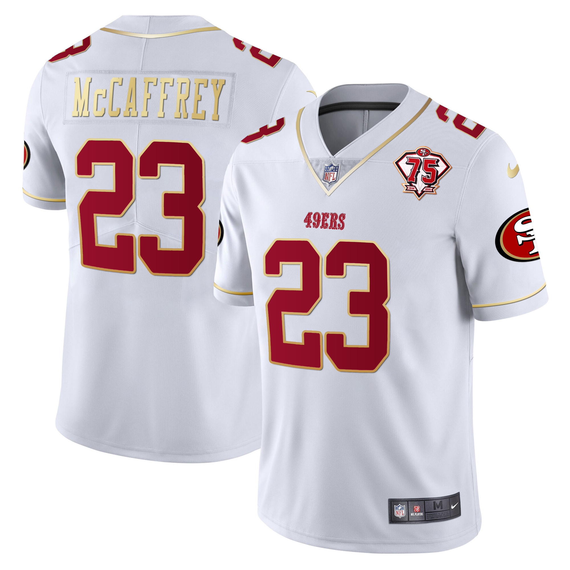 Men's Christian McCaffrey San Francisco 49ers 75th Anniversary Patch Vapor Gold Trim White Gold Jersey V2 - All Stitched