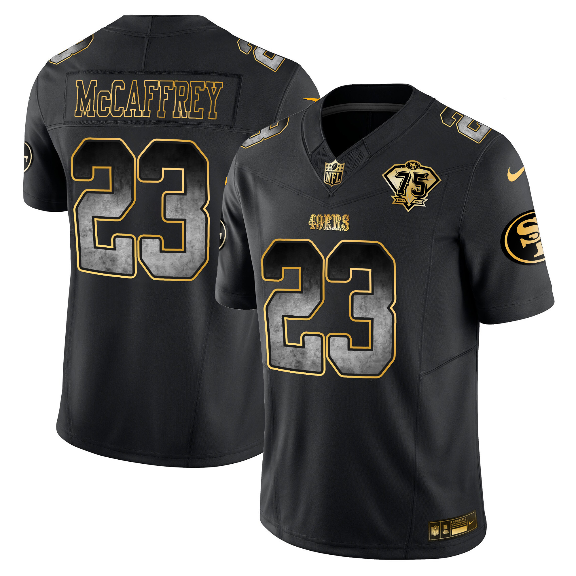 Men's Christian McCaffrey San Francisco 49ers Arch Smoke Vapor Black Gold Jersey - All Stitched
