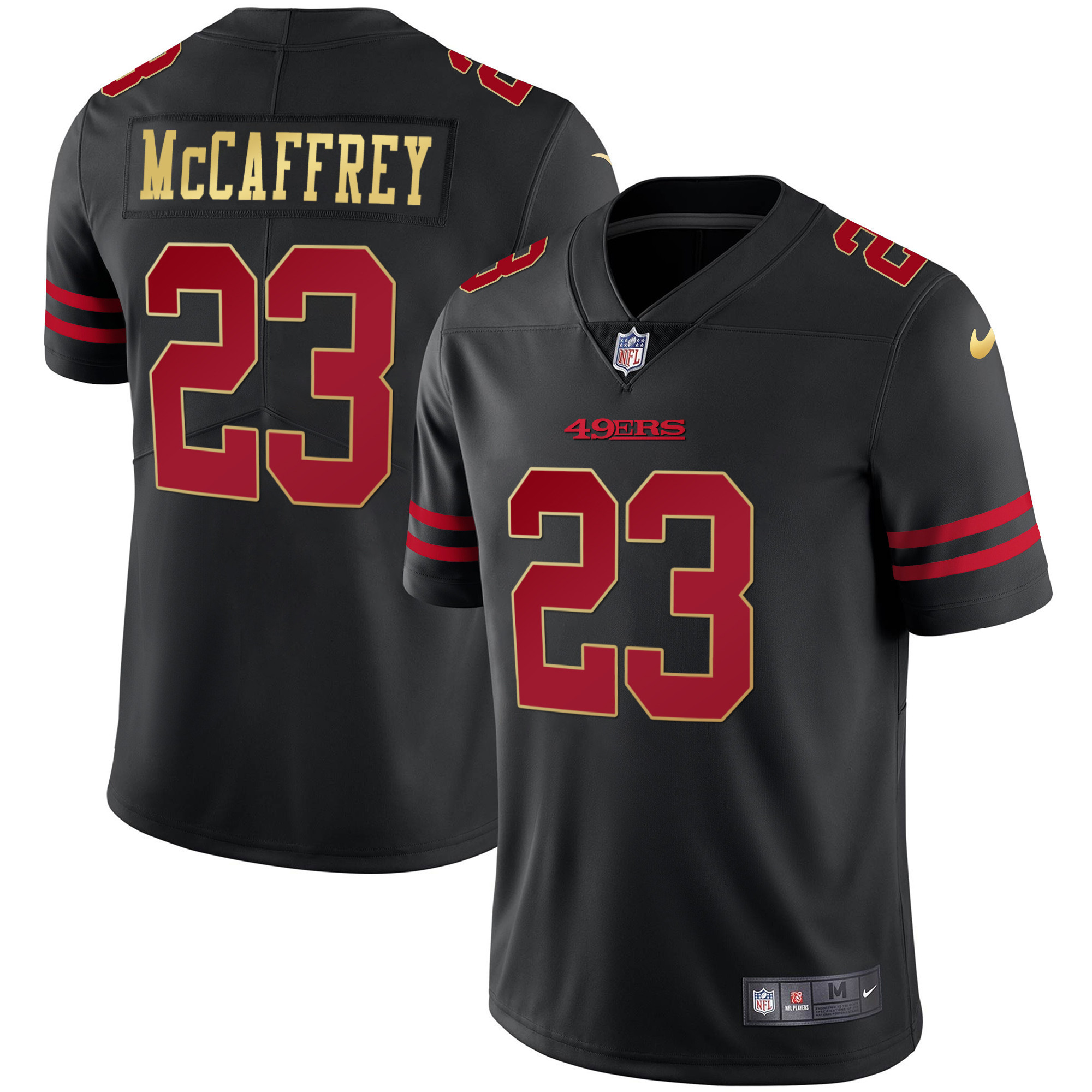 Men's Christian McCaffrey San Francisco 49ers Black Red Gold Blooded Black Jersey - All Stitched
