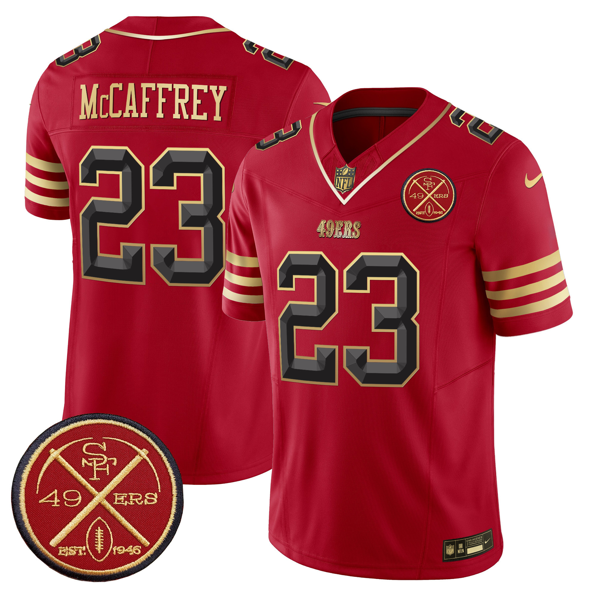 Men's Christian McCaffrey San Francisco 49ers Est.1946 Patch Vapor Limited Black Scarlet Jersey V2 - All Stitched