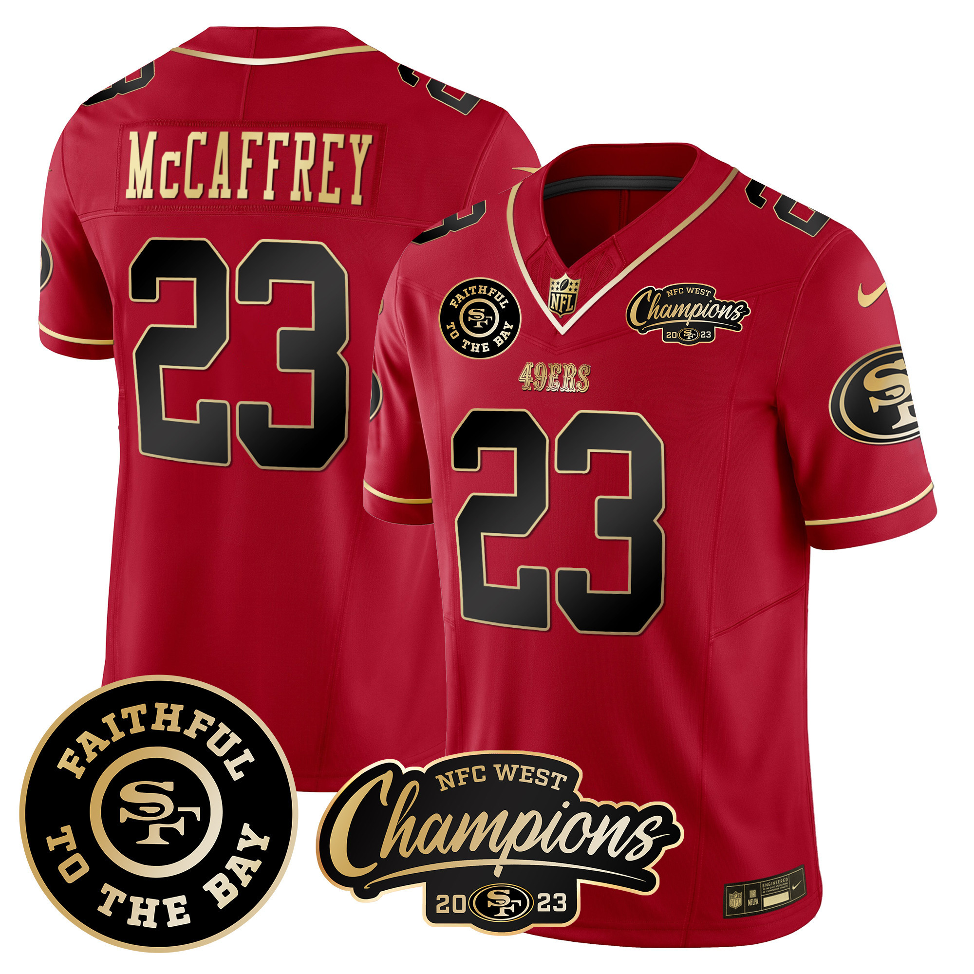 Men's Christian McCaffrey San Francisco 49ers Faithful & 2023 NFC West Champions Patch Vapor Scarlet Limited Jersey - All Stitched