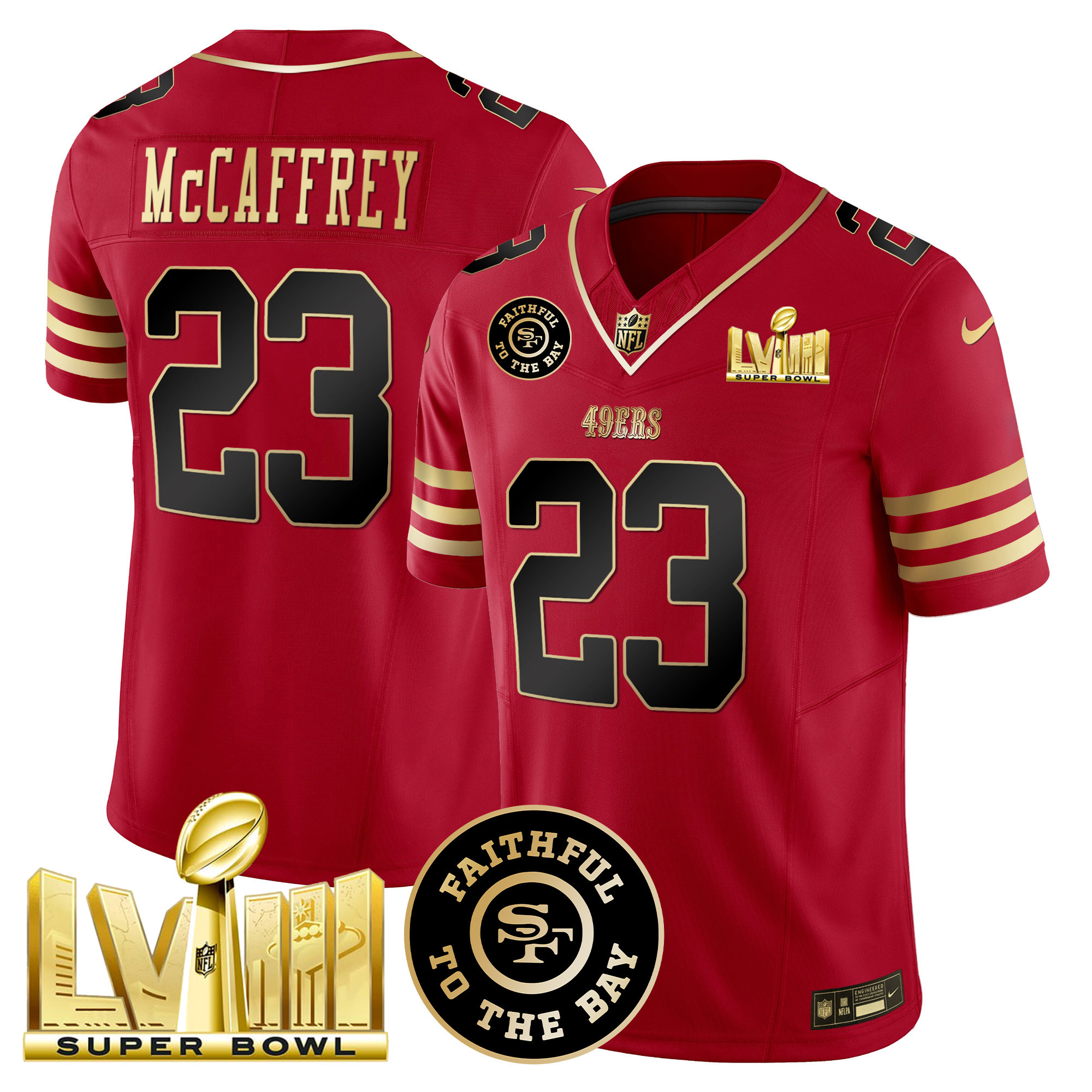 Men's Christian McCaffrey San Francisco 49ers Faithful & Super Bowl LVIII Gold Patch Vapor Black Scarlet Jersey - All Stitched