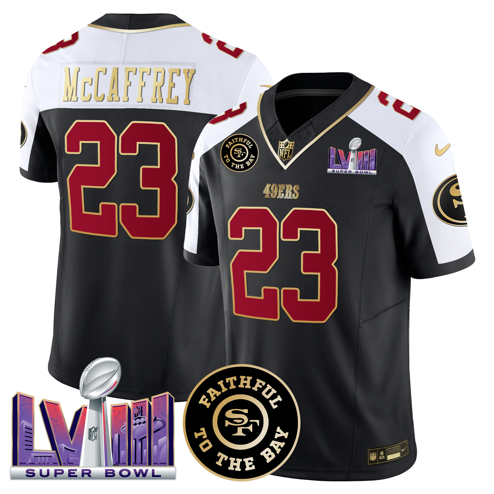 Men's Christian McCaffrey San Francisco 49ers Faithful & Super Bowl LVIII Patch Vapor Black Alternate Jersey - All Stitched
