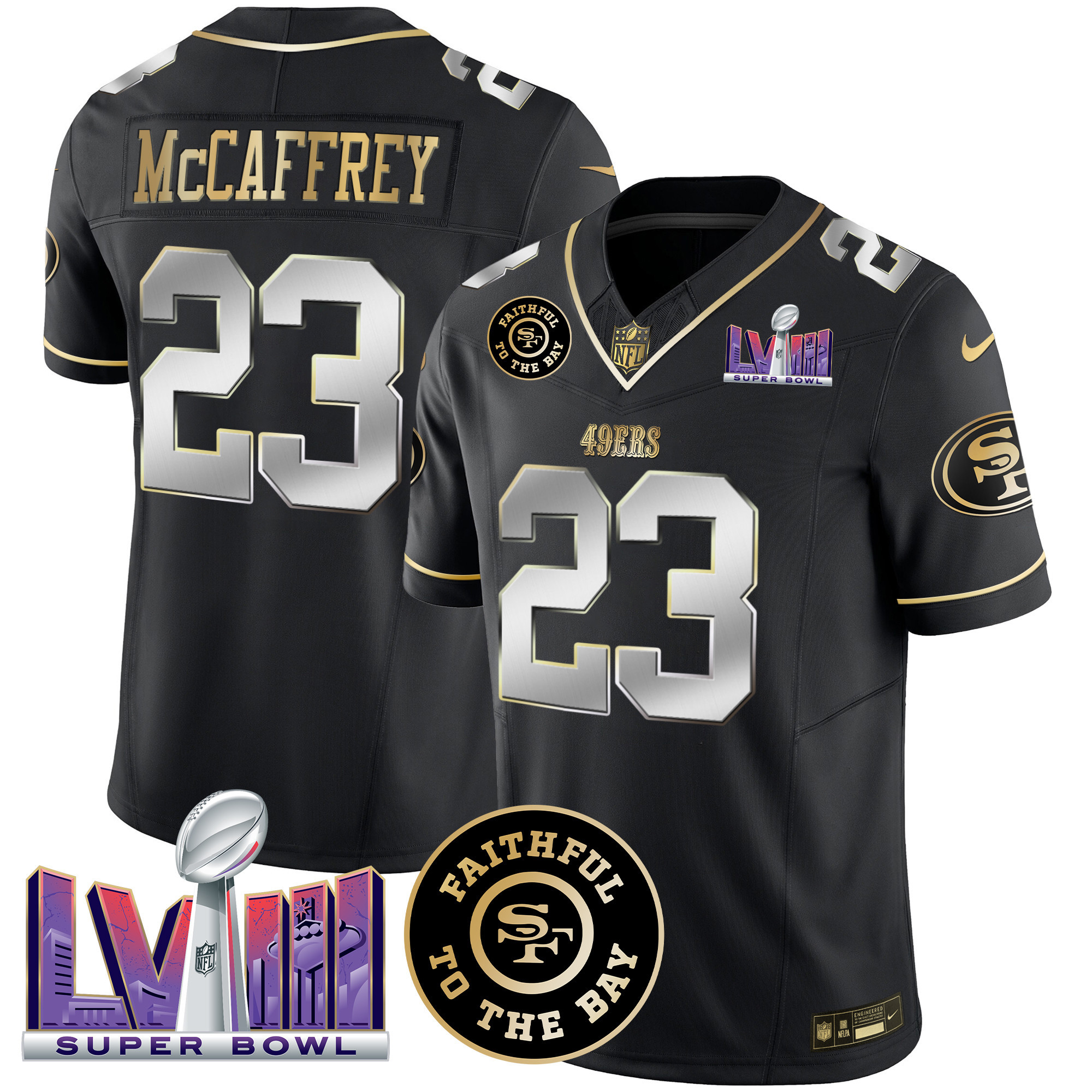 Men's Christian McCaffrey San Francisco 49ers Faithful & Super Bowl LVIII Patch Vapor Black Limited Jersey - All Stitched