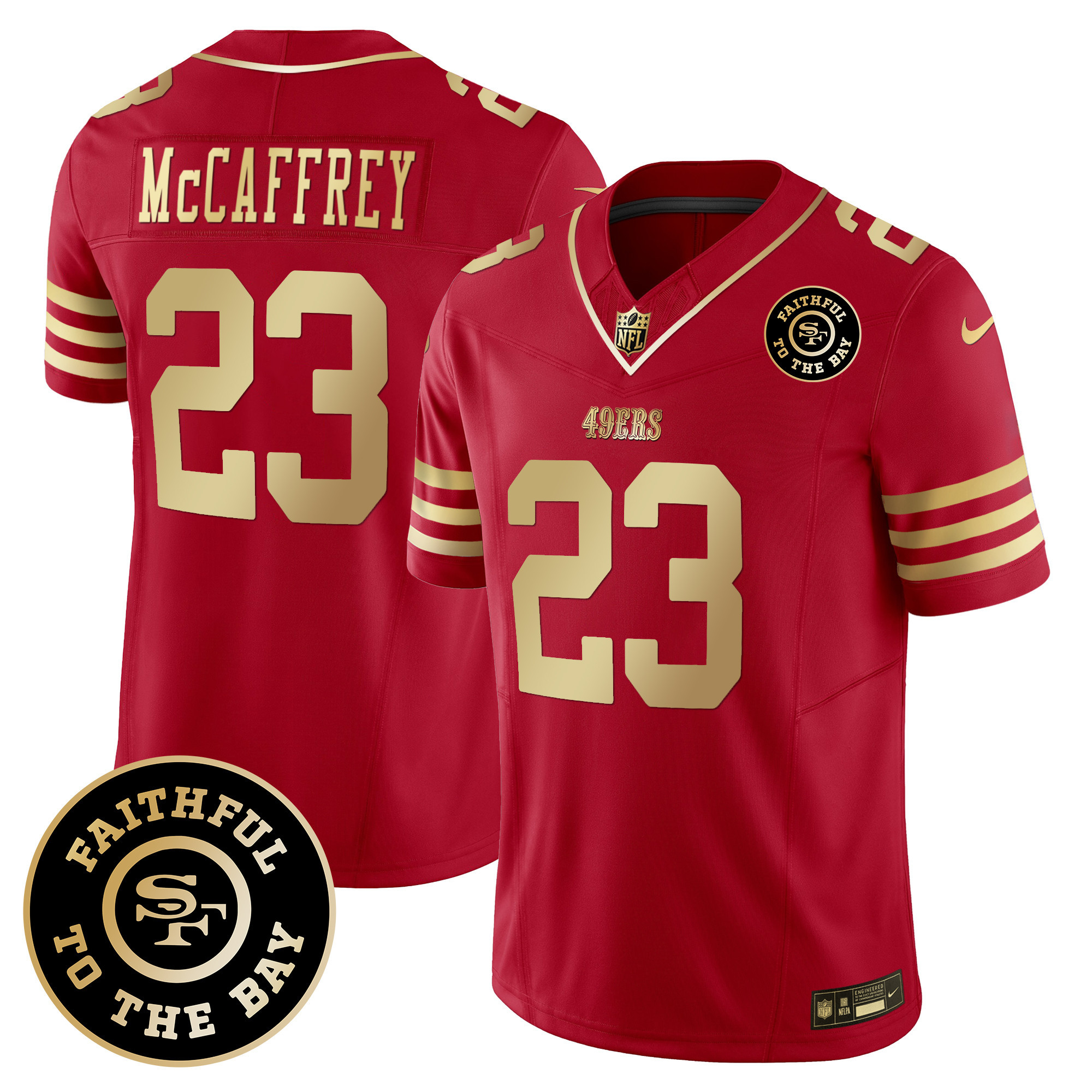 Men's Christian McCaffrey San Francisco 49ers Faithful To The Bay Patch Vapor Limited Scarlet Gold Jersey - All Stitched
