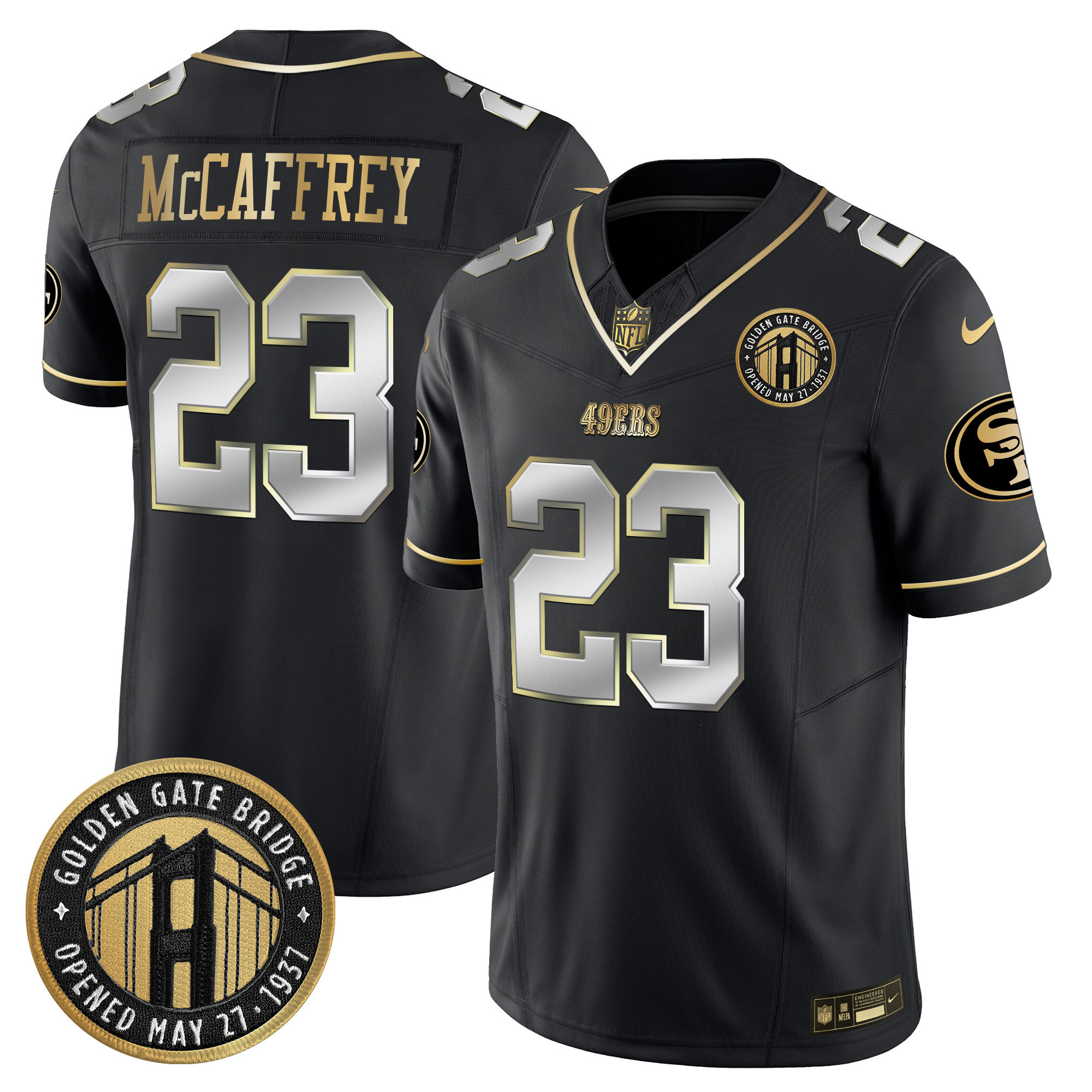 Men's Christian McCaffrey San Francisco 49ers Golden Gate Bridge Patch Vapor Limited Black Limited Jersey - All Stitched