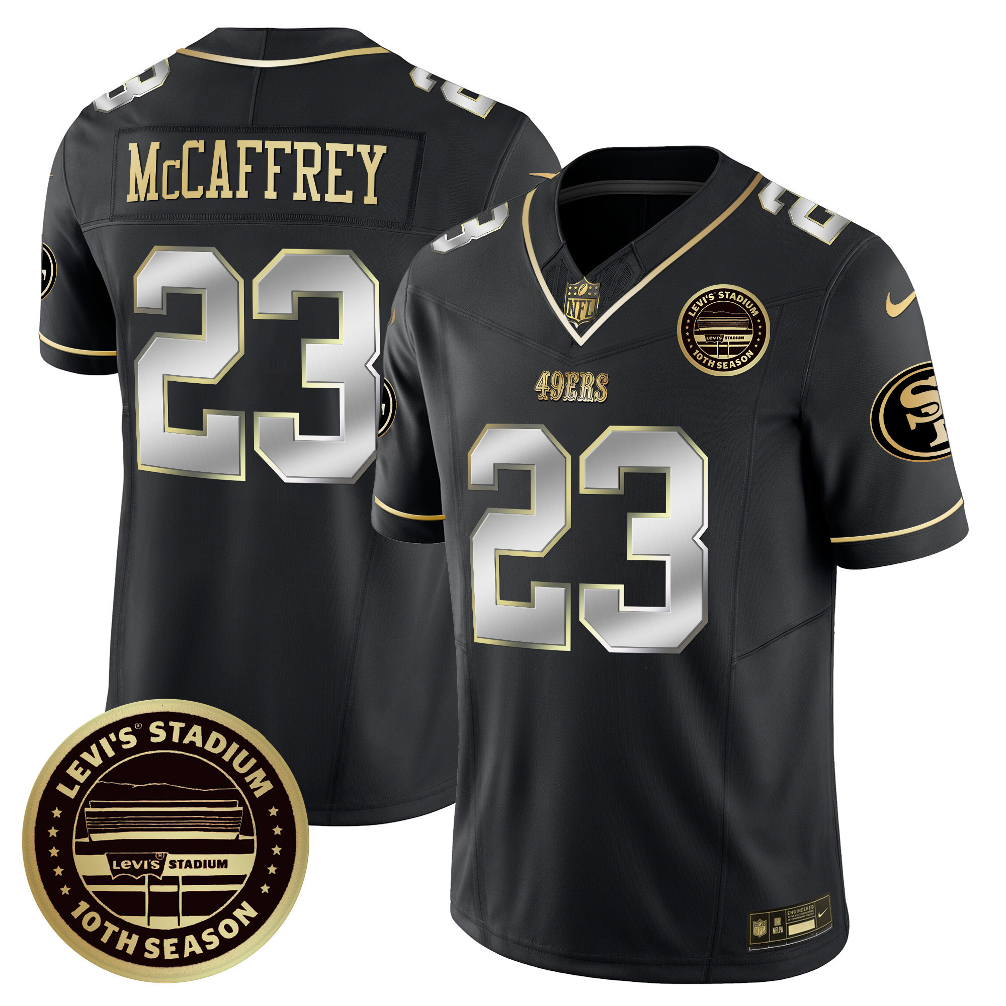 Men's Christian McCaffrey San Francisco 49ers Levi's Stadium 10th Season Patch Vapor Limited Black Limited Jersey - All Stitched