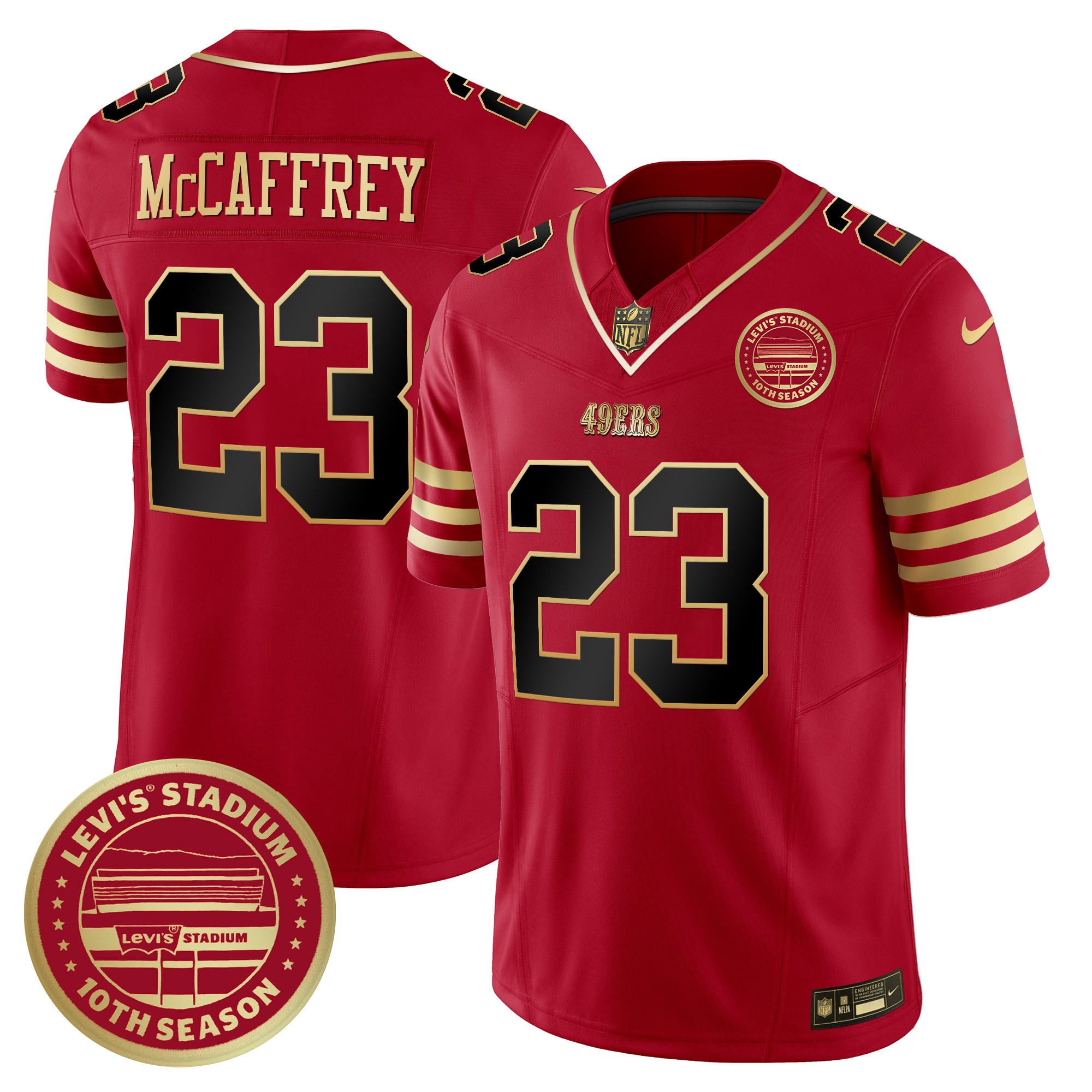 Men's Christian McCaffrey San Francisco 49ers Levi's Stadium 10th Season Patch Vapor Limited Black Scarlet Jersey - All Stitched