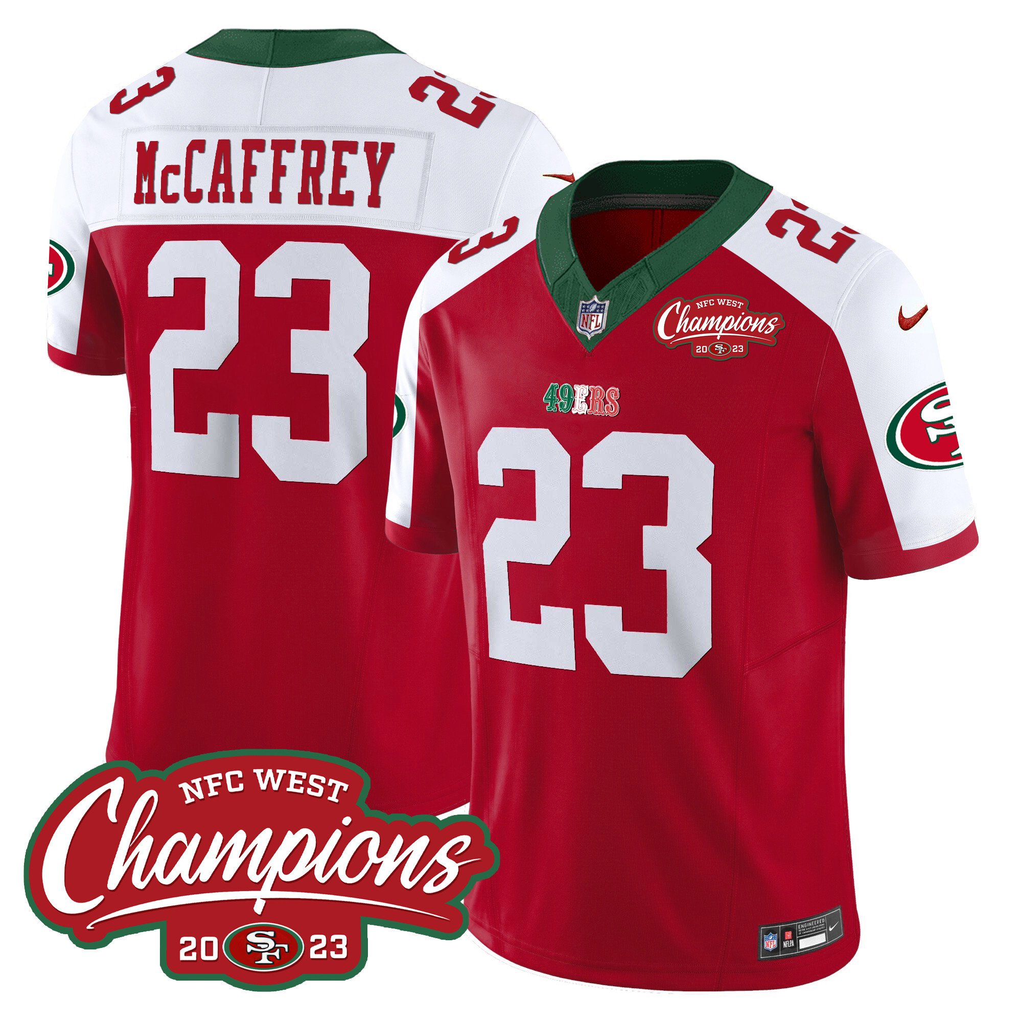 Men's Christian McCaffrey San Francisco 49ers Mexico 2023 NFC West Champions Patch Vapor Red Alternate Jersey - All Stitched