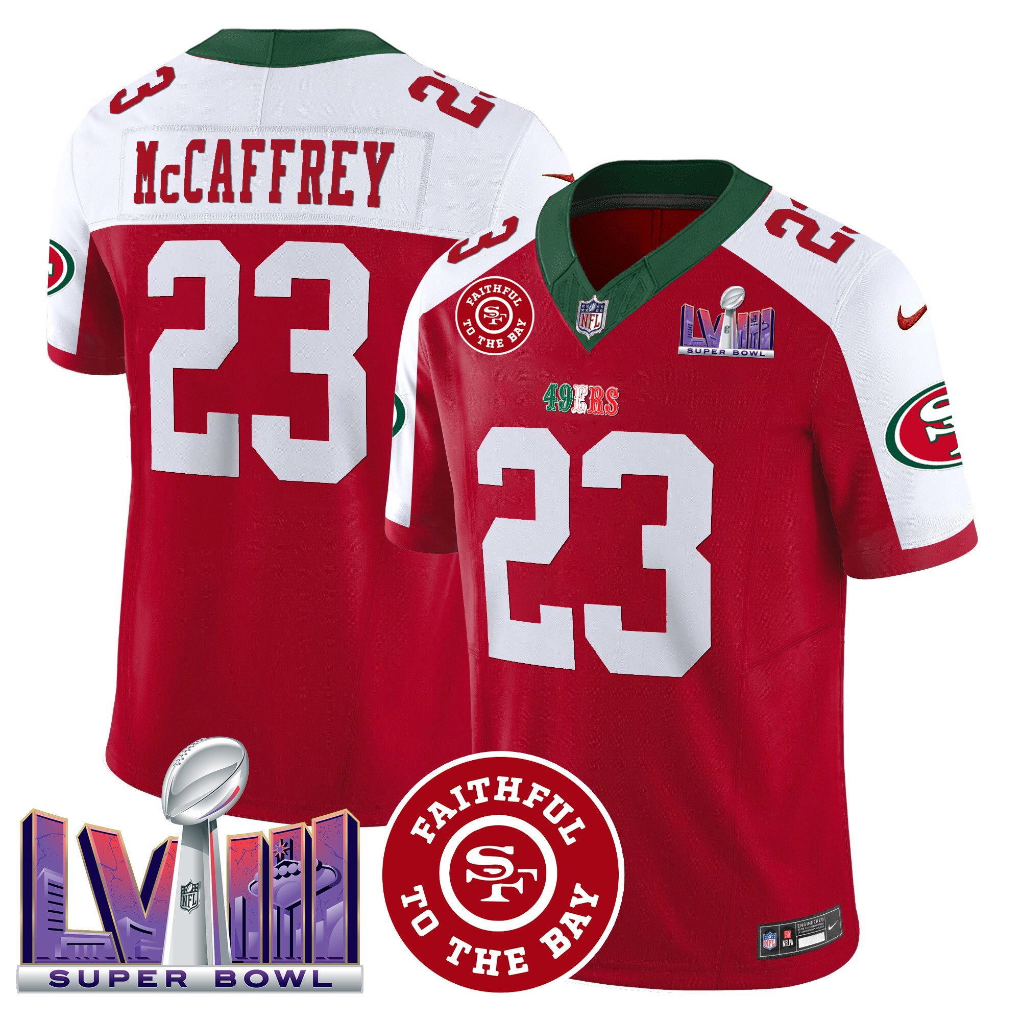 Men's Christian McCaffrey San Francisco 49ers Mexico Faithful & Super Bowl LVIII Patch Vapor Red Alternate Jersey - All Stitched