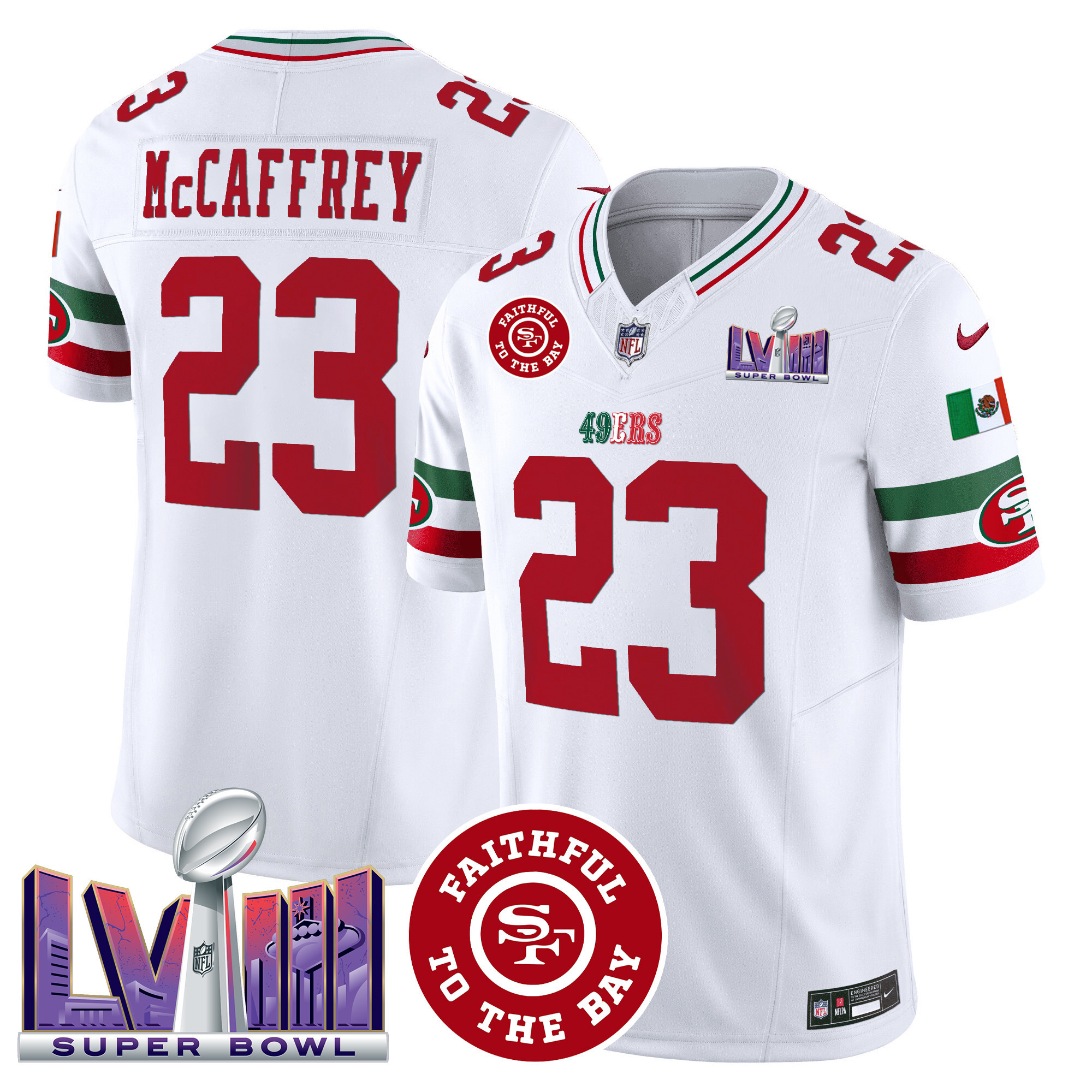Men's Christian McCaffrey San Francisco 49ers Mexico Faithful & Super Bowl LVIII Patch Vapor White Jersey - All Stitched