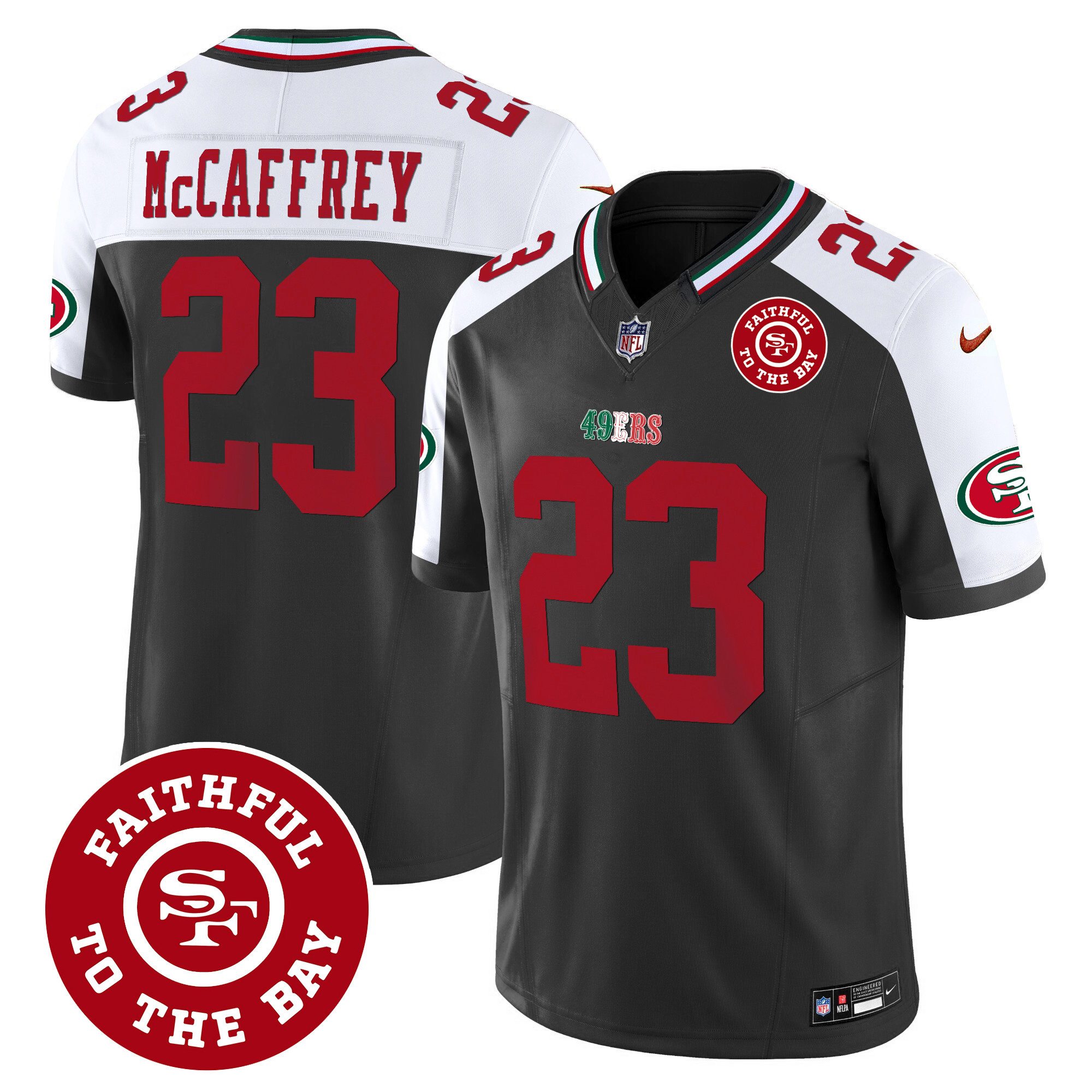 Men's Christian McCaffrey San Francisco 49ers Mexico Faithful To The Bay Patch Vapor Black Alternate Jersey - All Stitched