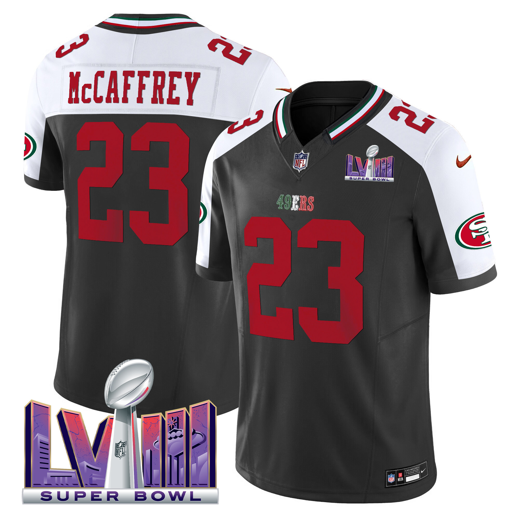 Men's Christian McCaffrey San Francisco 49ers Mexico Super Bowl LVIII Patch Vapor Black Alterante Jersey - All Stitched