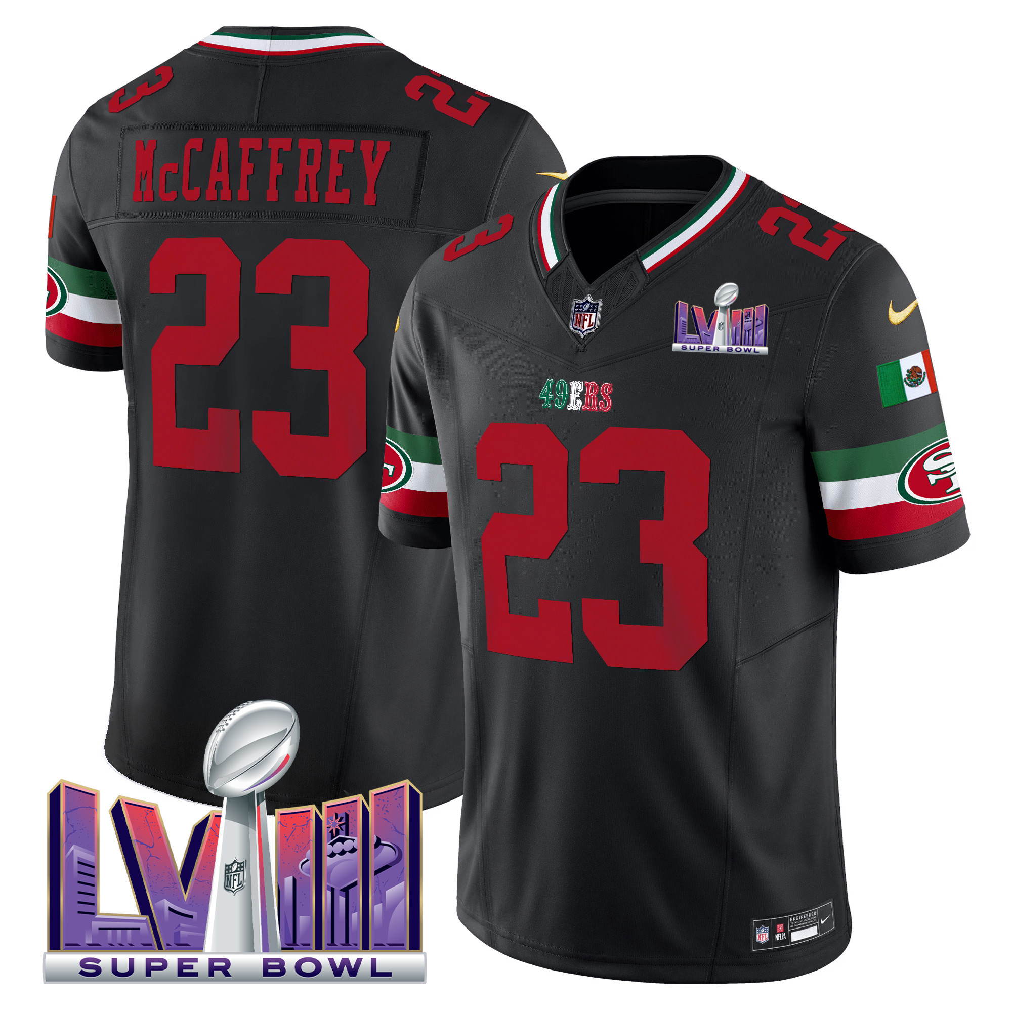 Men's Christian McCaffrey San Francisco 49ers Mexico Super Bowl LVIII Patch Vapor Black Jersey - All Stitched