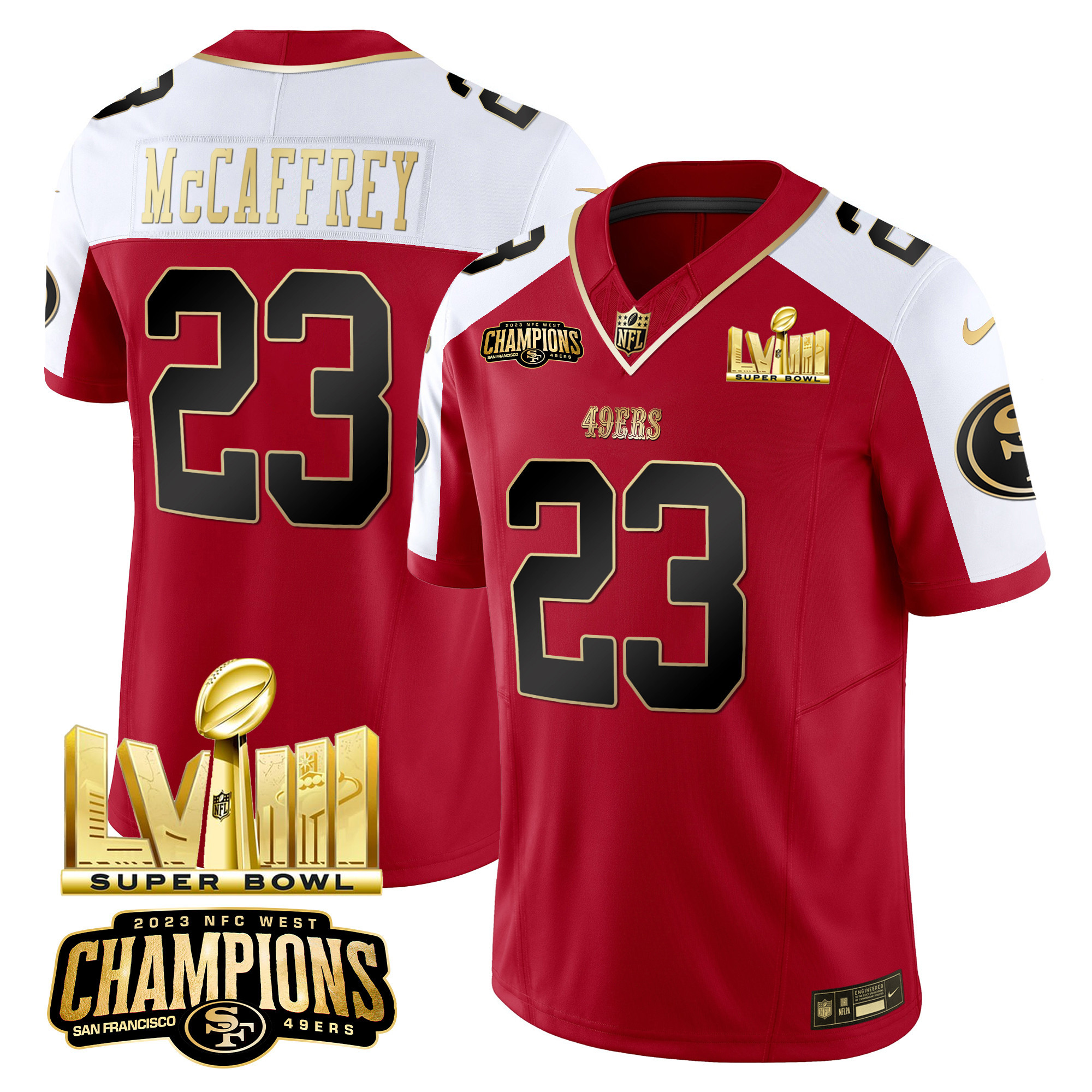 Men's Christian McCaffrey San Francisco 49ers NFC West Champions & Super Bowl LVIII Gold Patch Vapor Alternate Jersey - All Stitched