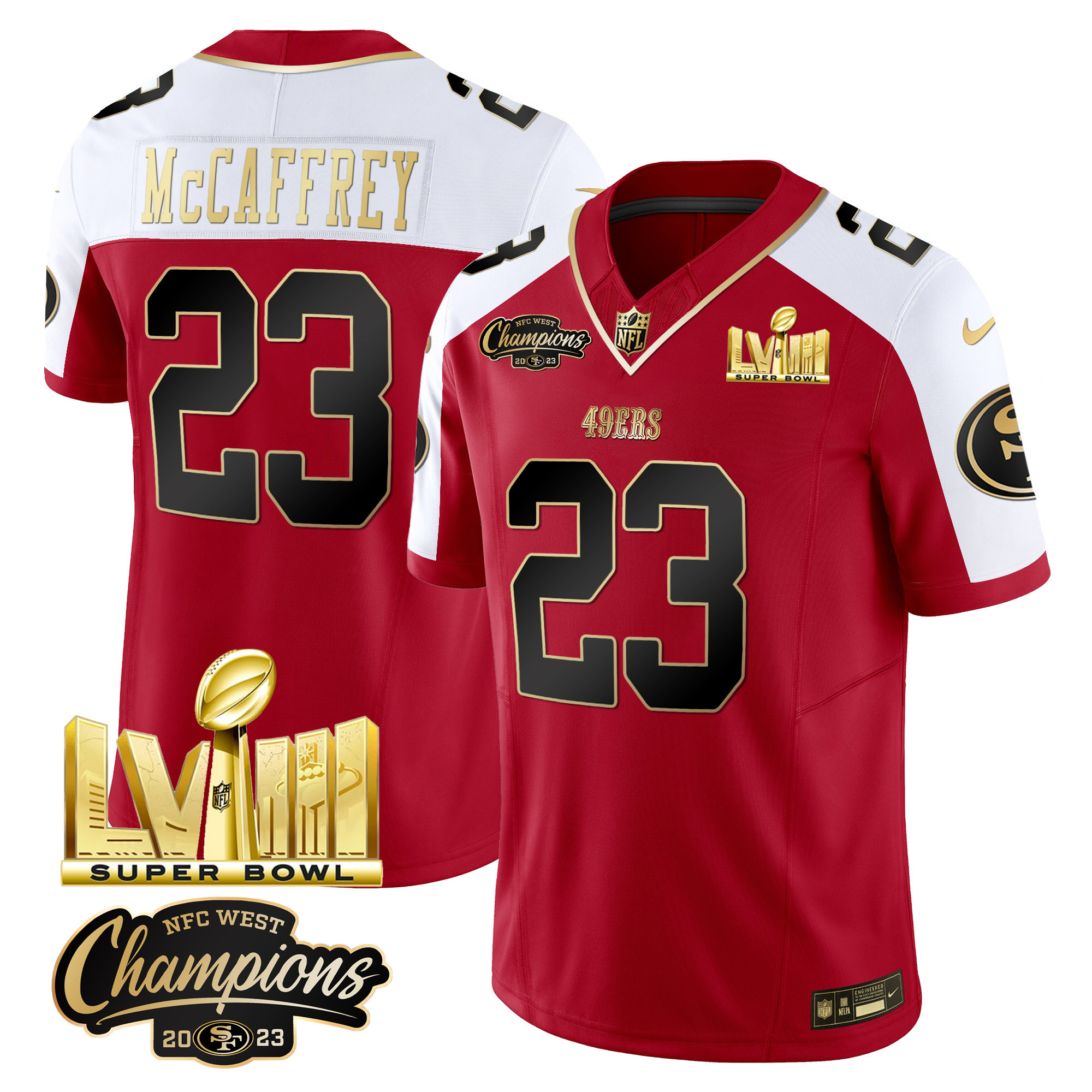 Men's Christian McCaffrey San Francisco 49ers NFC West Champions & Super Bowl LVIII Gold Patch Vapor Alternate Jersey V2 - All Stitched