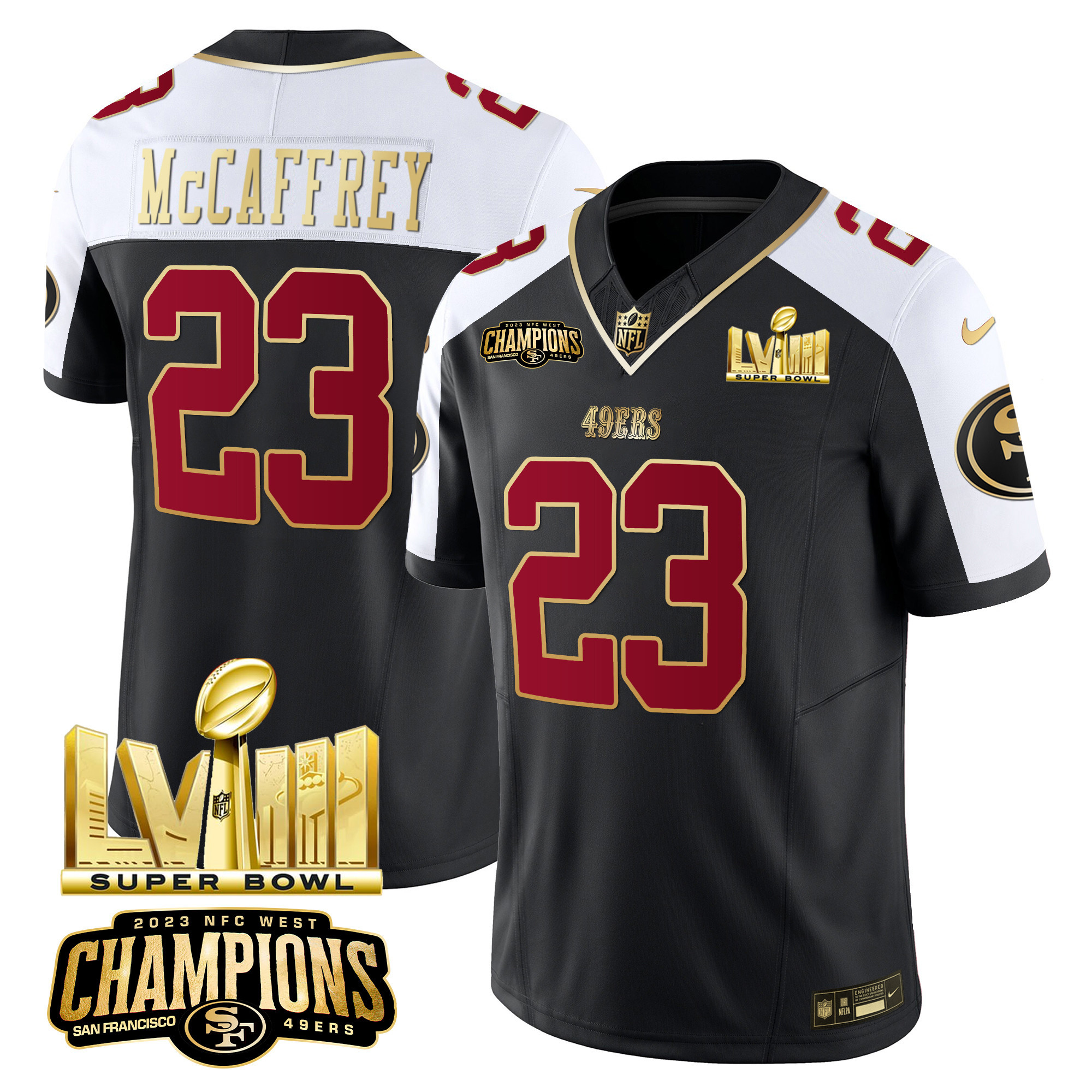 Men's Christian McCaffrey San Francisco 49ers NFC West Champions & Super Bowl LVIII Gold Patch Vapor Black Alternate Jersey - All Stitched